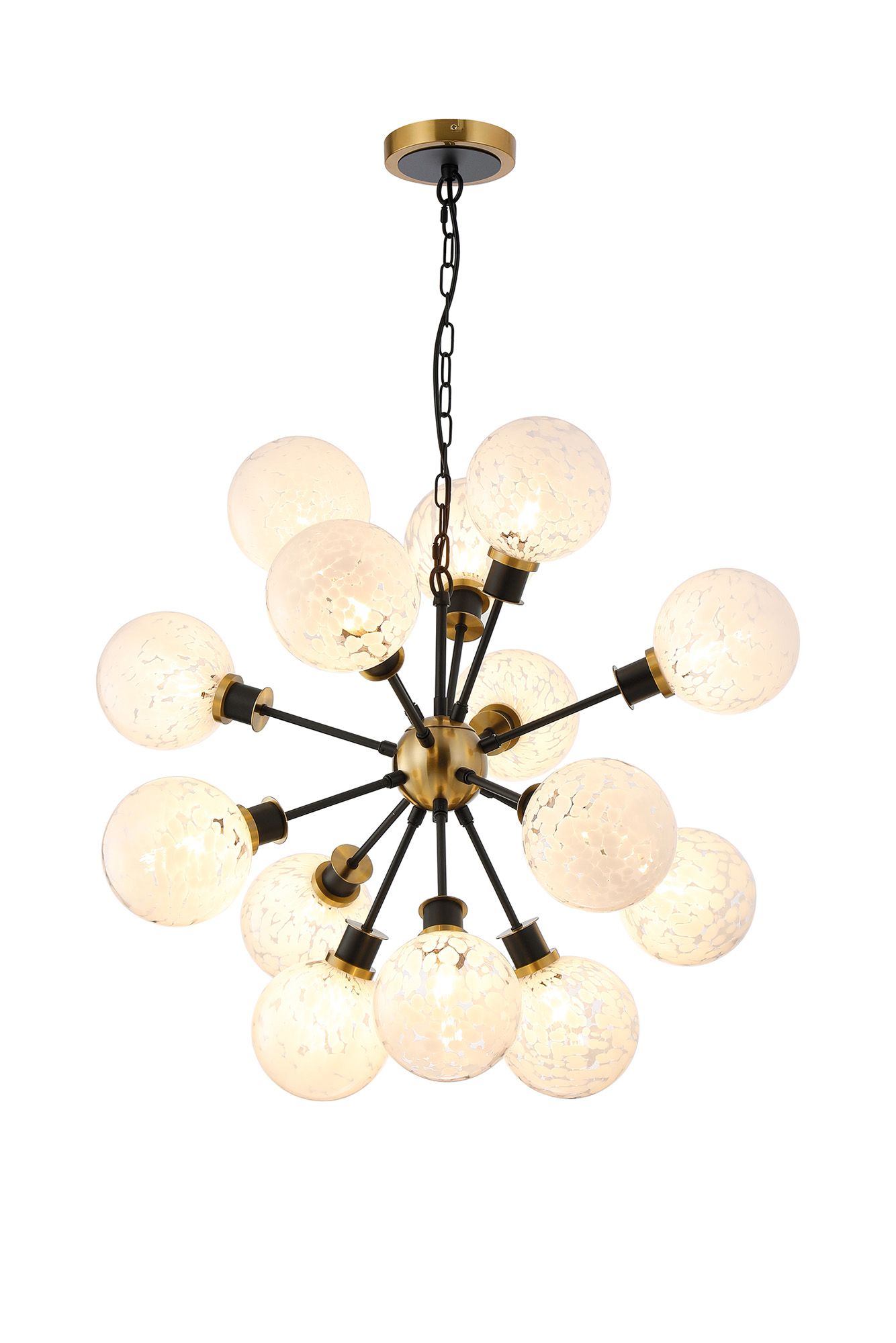 Jestero 78cm Pendant, 14 Light E14 With 15cm Round Speckled Glass Shade, Brass, White & Satin Black