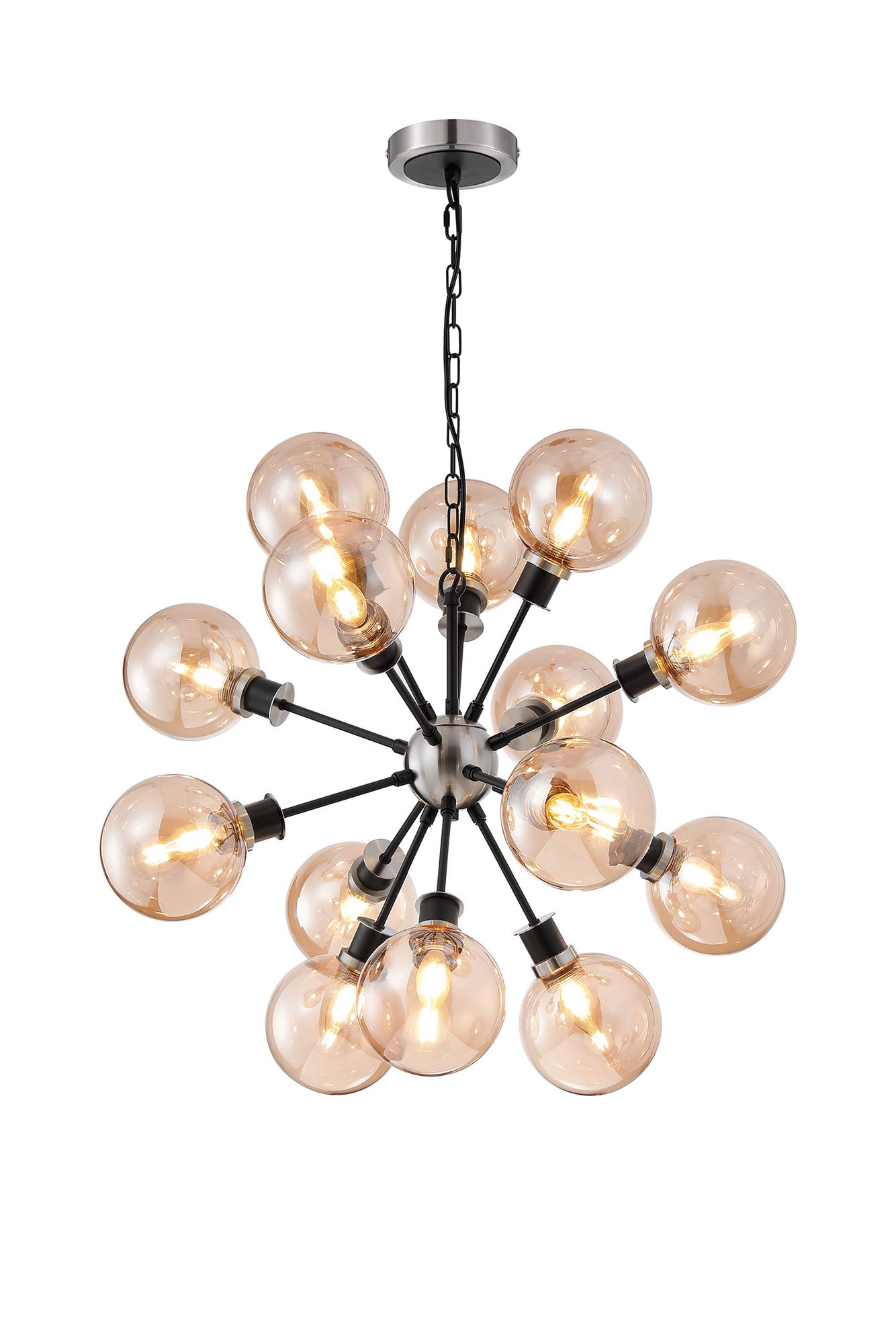 Jestero 78cm Pendant, 14 Light E14 With 15cm Round Glass Shade, Satin Nickel, Amber Plated & Satin Black
