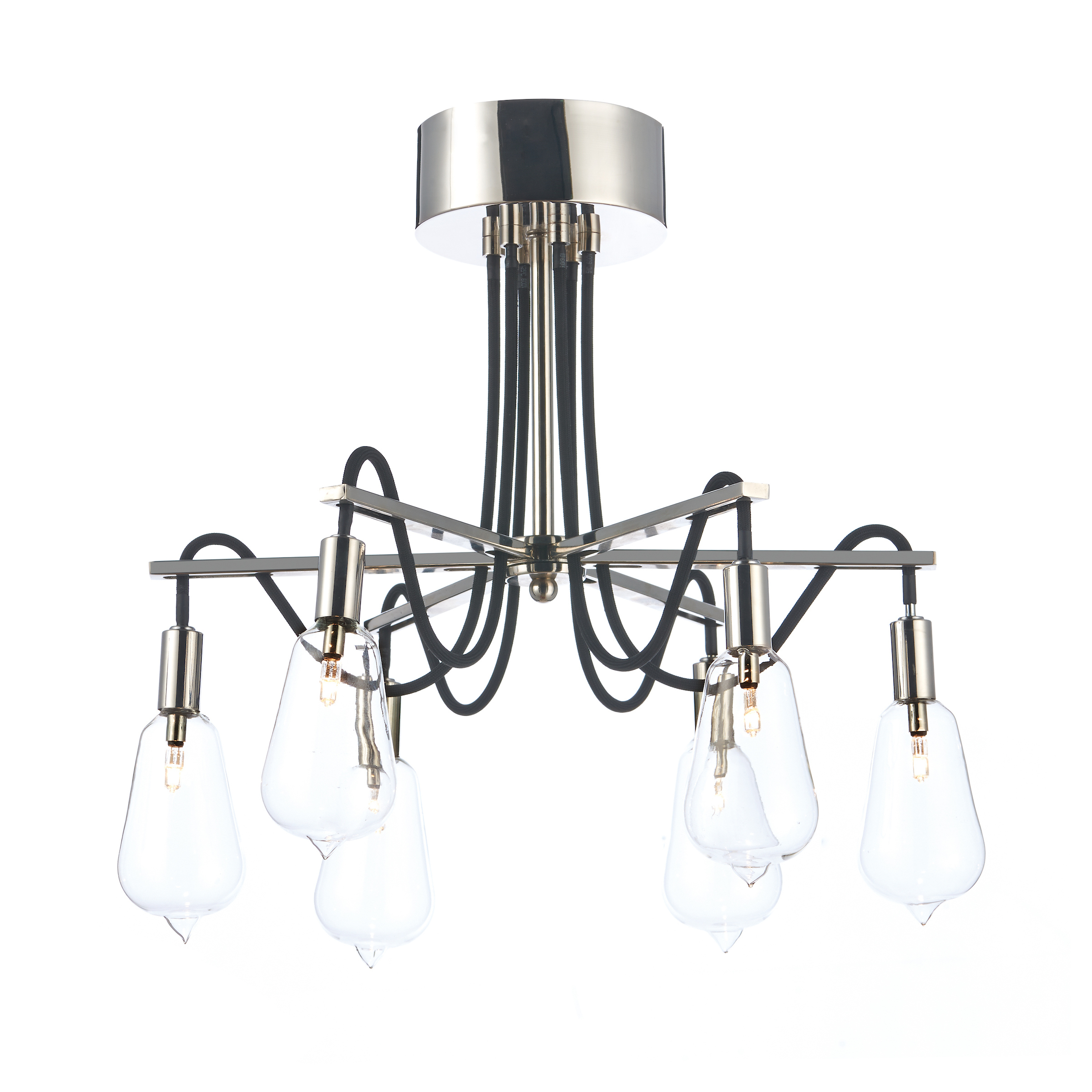 Berro 6 Light G4 Polished Nickel Frame With Black Braided Cable Semi Flush Fitting With Vintage Style Light Bulb Glass Shades