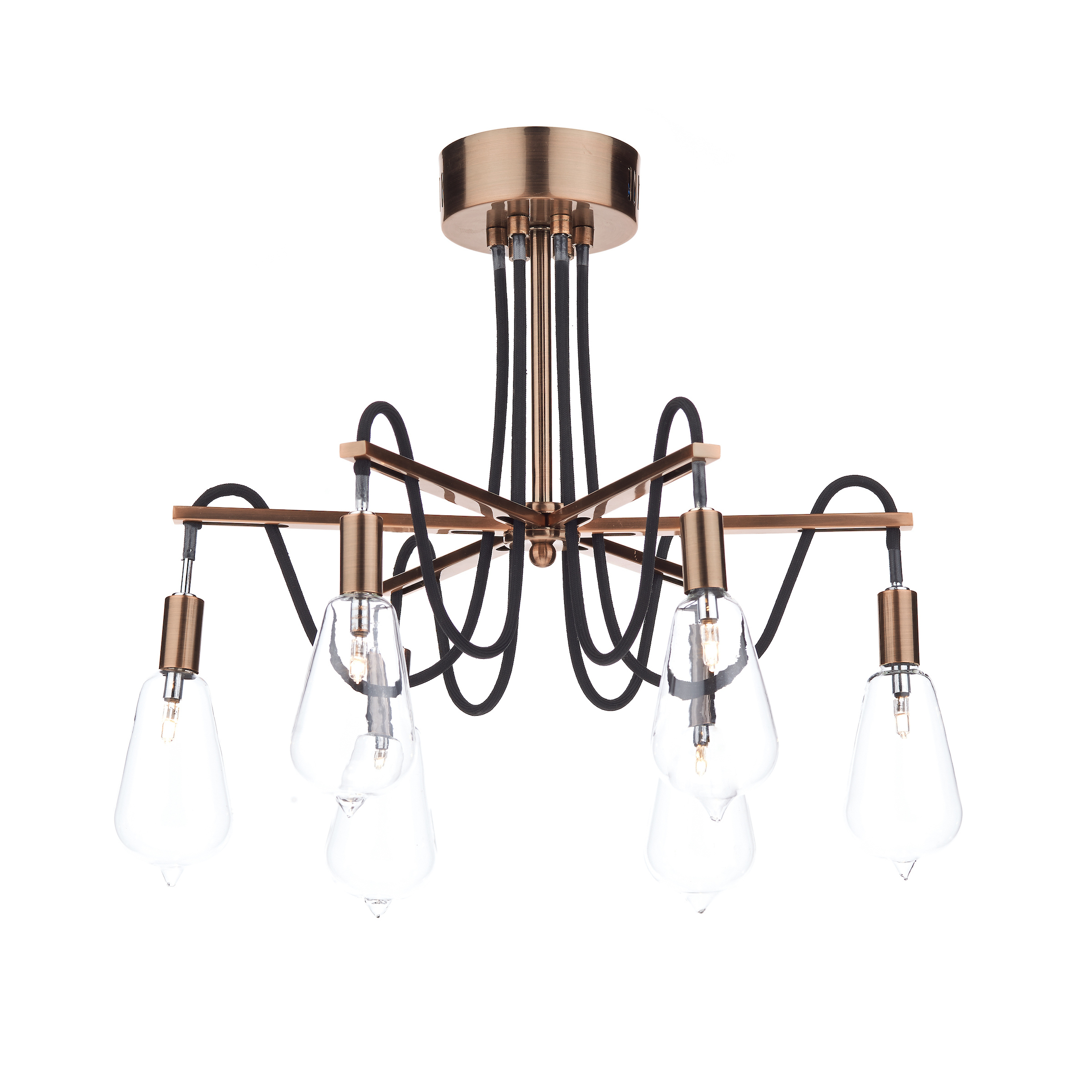 Berro 6 Light G4 Copper Frame With Black Braided Cable Semi Flush Fitting With Vintage Style Light Bulb Glass Shades