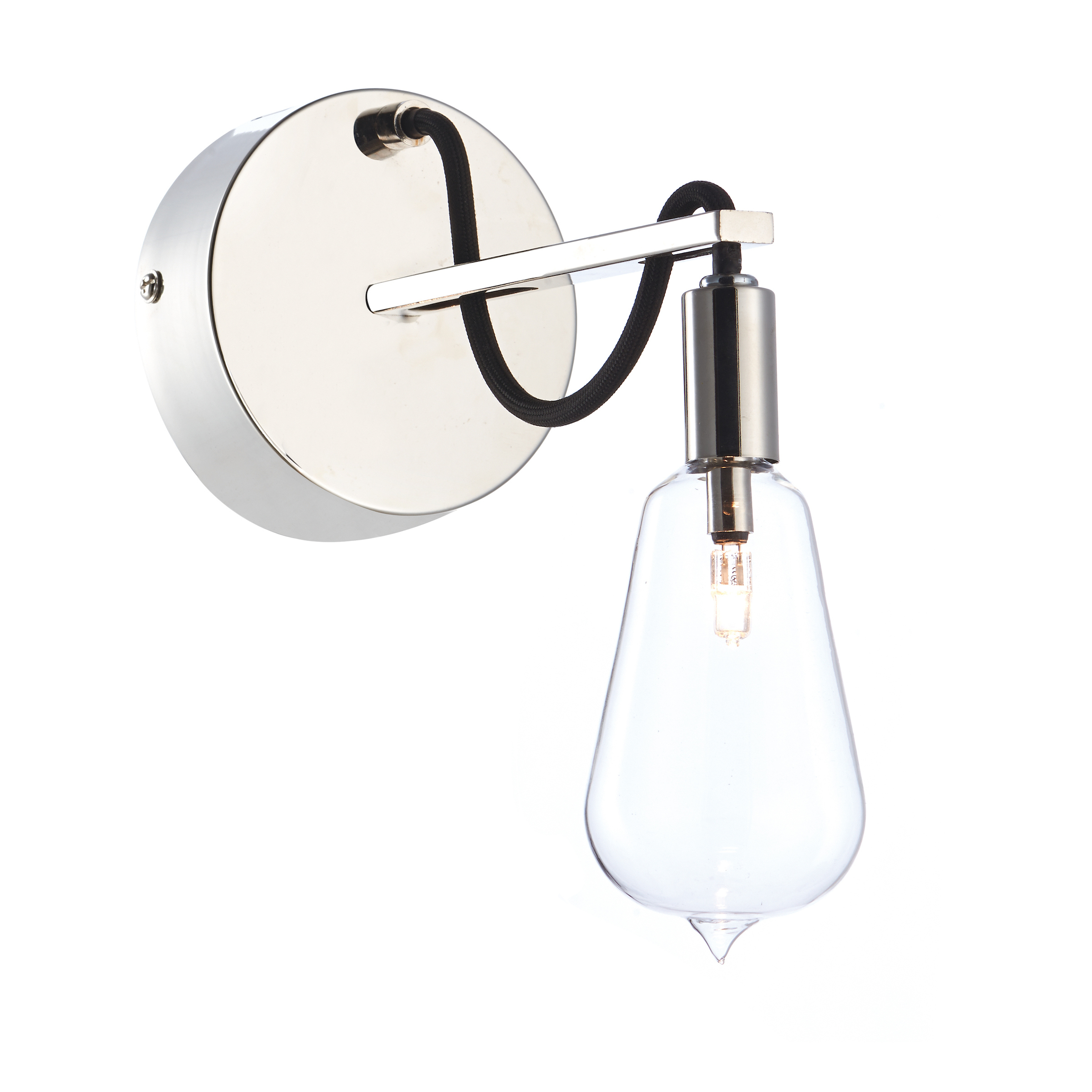 Berro 1 Light G4 Polished Nickel Frame With Black Braided Cable Wall Light With Vintage Style Light Bulb Glass Shade