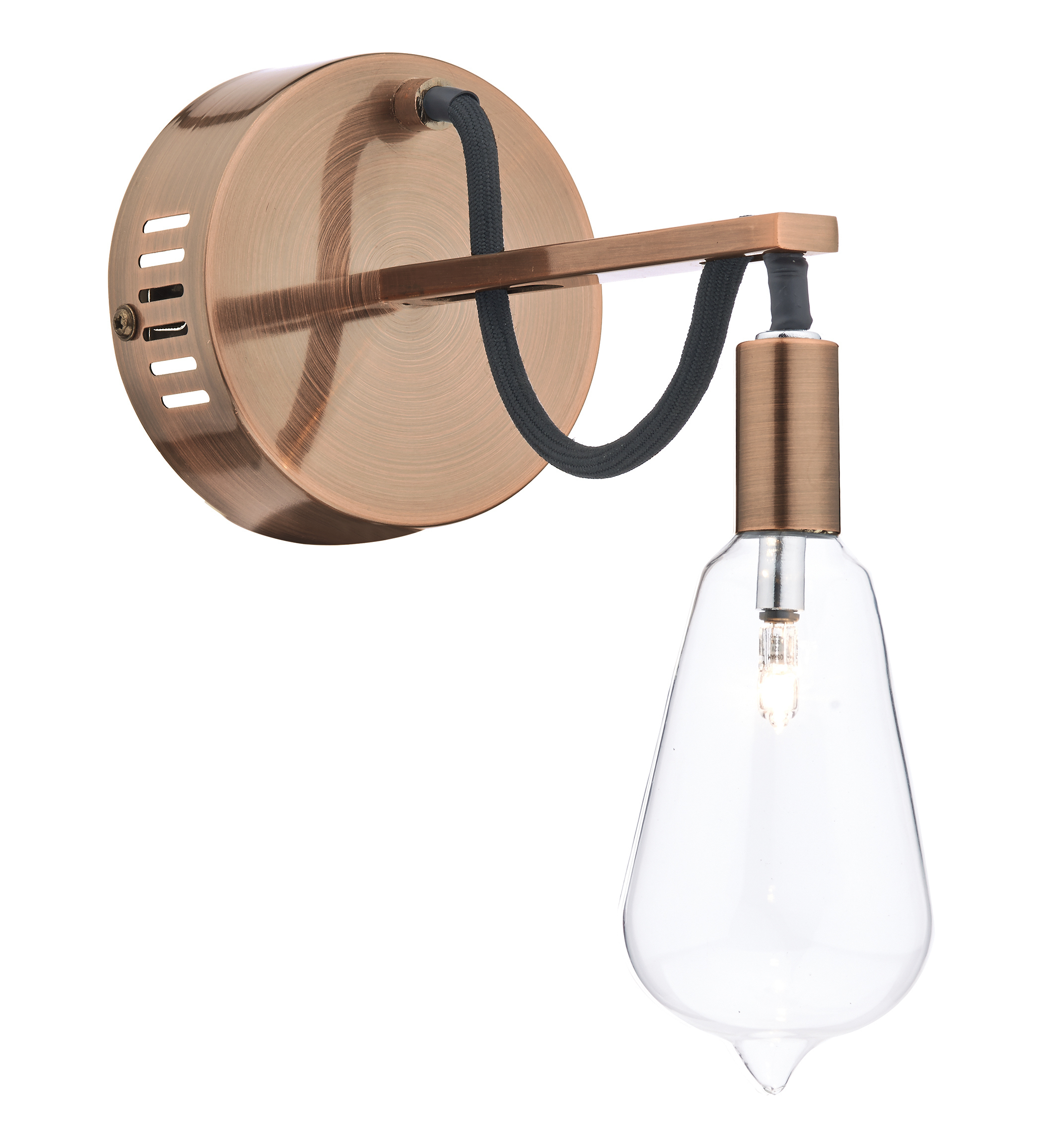 Berro 1 Light G4 Copper Frame With Black Braided Cable Wall Light With Vintage Style Light Bulb Glass Sha