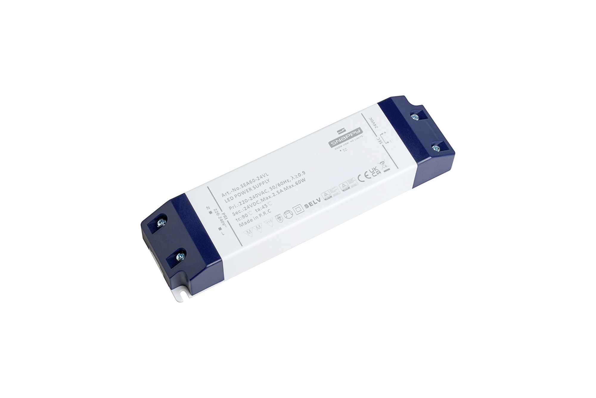 SEA, 60W, Constant Voltage Non Dimmable PC LED Driver,24VDC, IP20, Screw Connection, 3yrs Warranty.