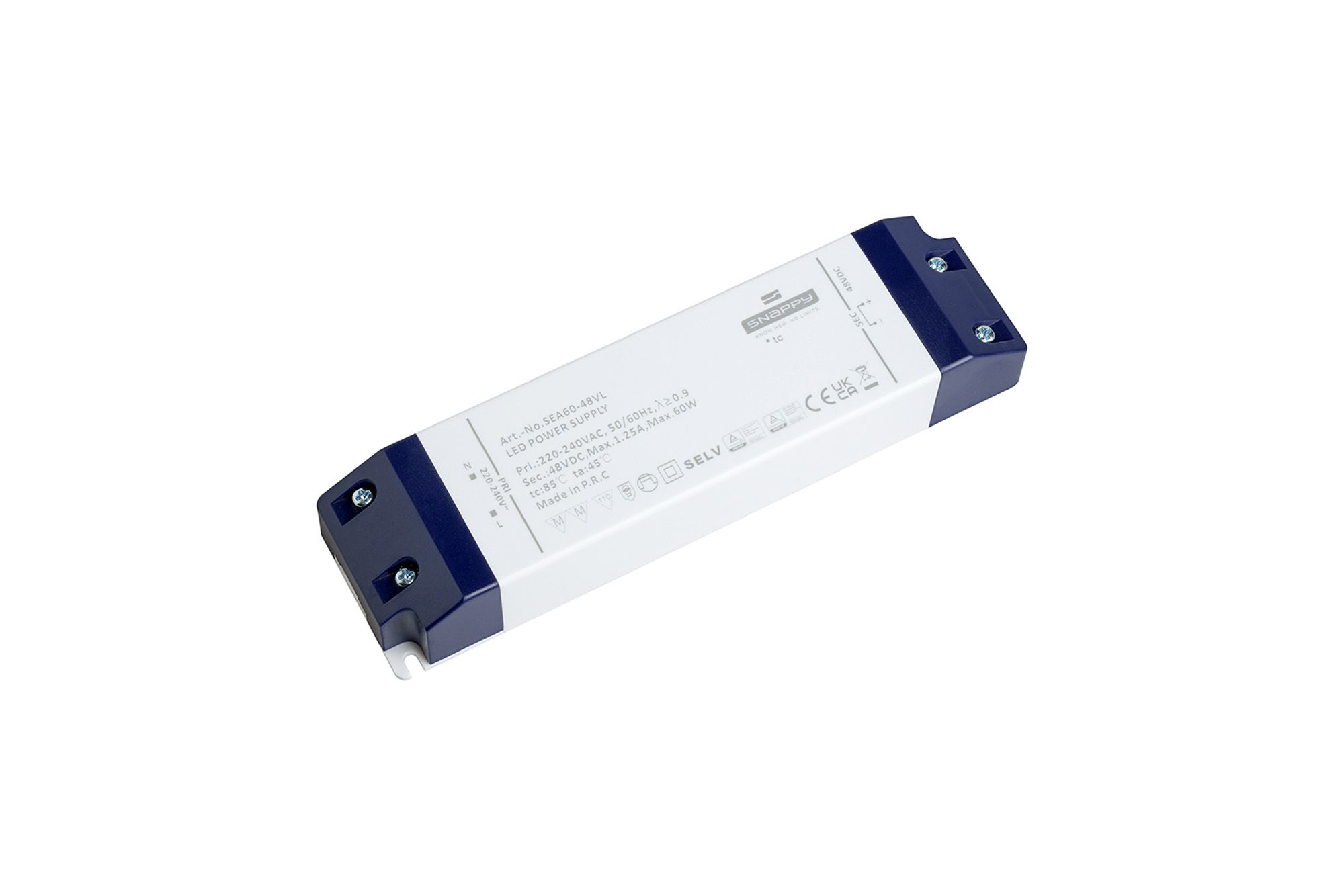 SEA, 60W, Constant Voltage Non Dimmable PC LED Driver,48VDC,IP20, Screw Connection, 3yrs Warranty.
