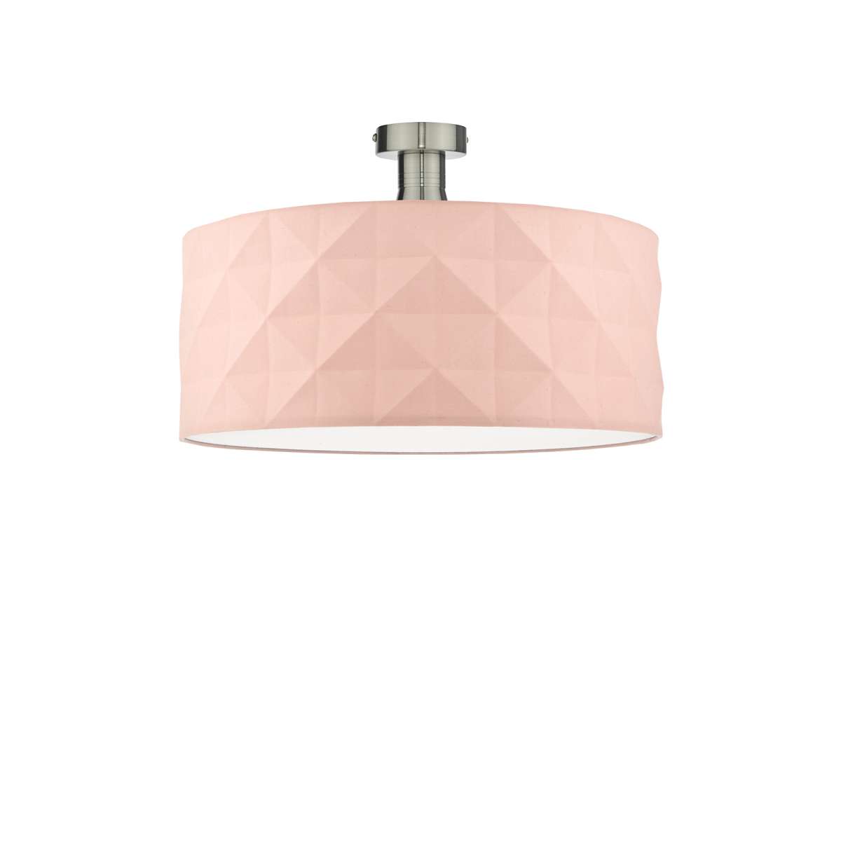 Edie 1 Light E27 Antique Chrome Semi Flush C/W Pink Cotton Drum Shade With Diamond Pattern Design & Complete With A Removable Diffuser