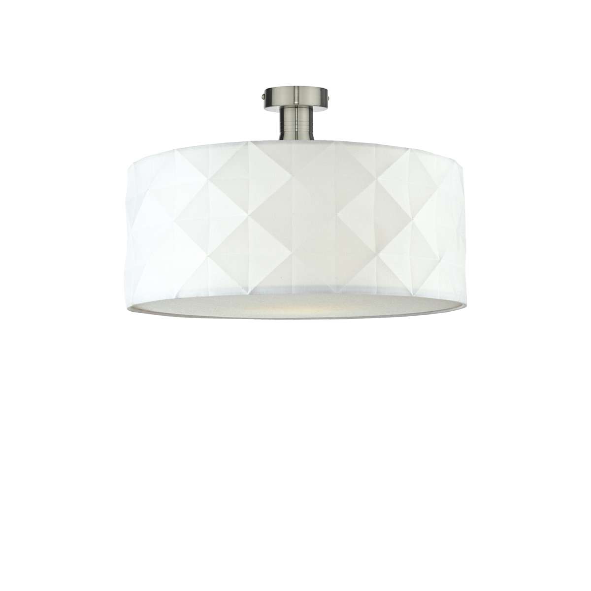 Edie 1 Light E27 Antique Chrome Semi Flush C/W White Cotton Drum Shade With Diamond Pattern Design & Complete With A Removable Diffuser