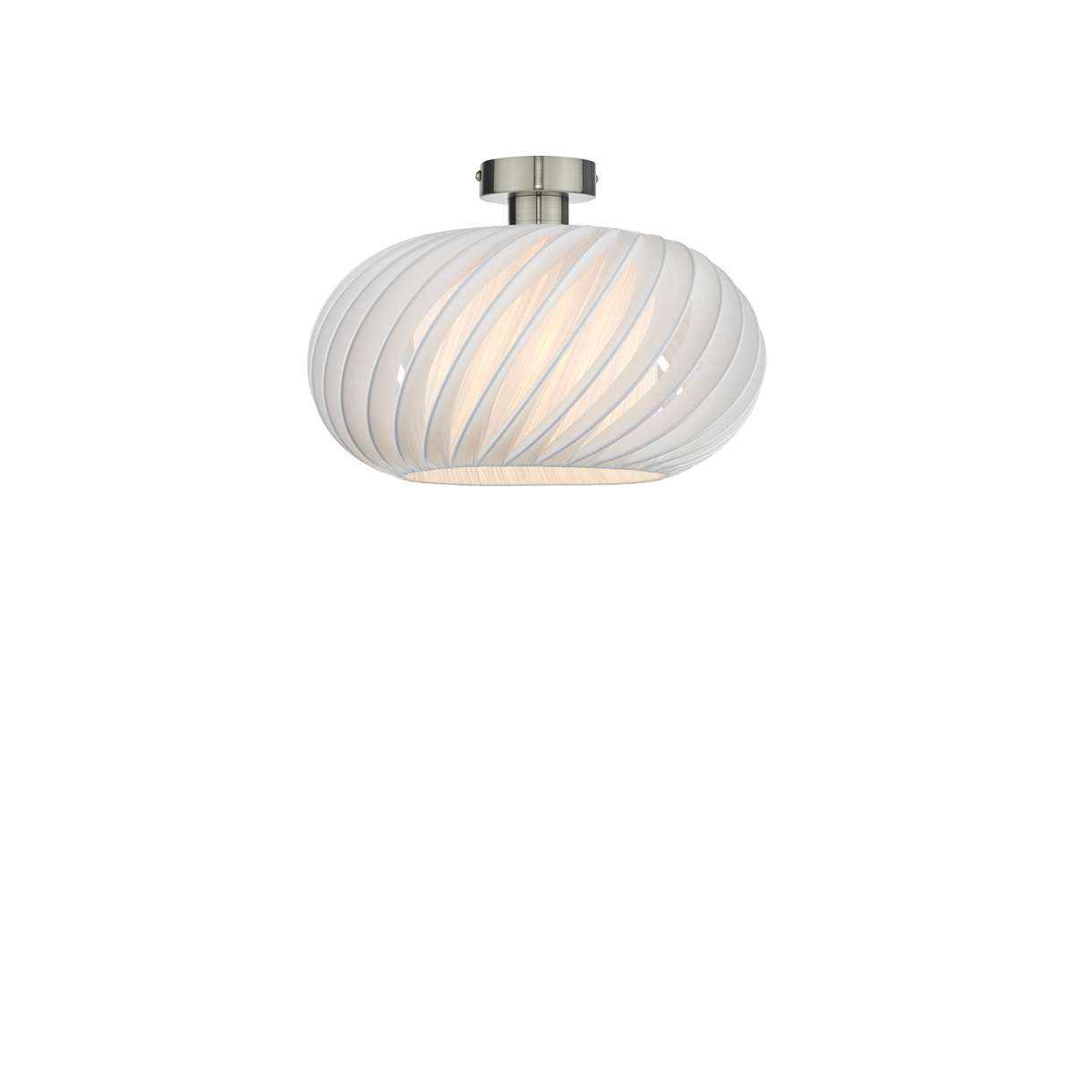 Edie 1 Light E27 Antique Chrome Semi Flush C/W White 30cm Shade With A Curve & Slanting Design