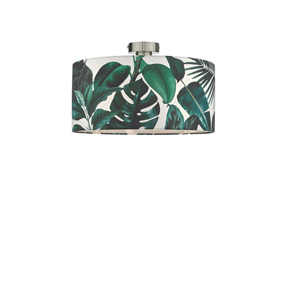 Edie 1 Light E27 Antique Chrome Semi Flush C/W Green Palm Print Drum Shade On A White Background Complete With A White Cotton Diffuser