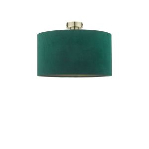 Edie 1 Light E27 Antique Brass Semi Flush C/W Green Velvet Drum Shade With Self Coloured Cotton Lining