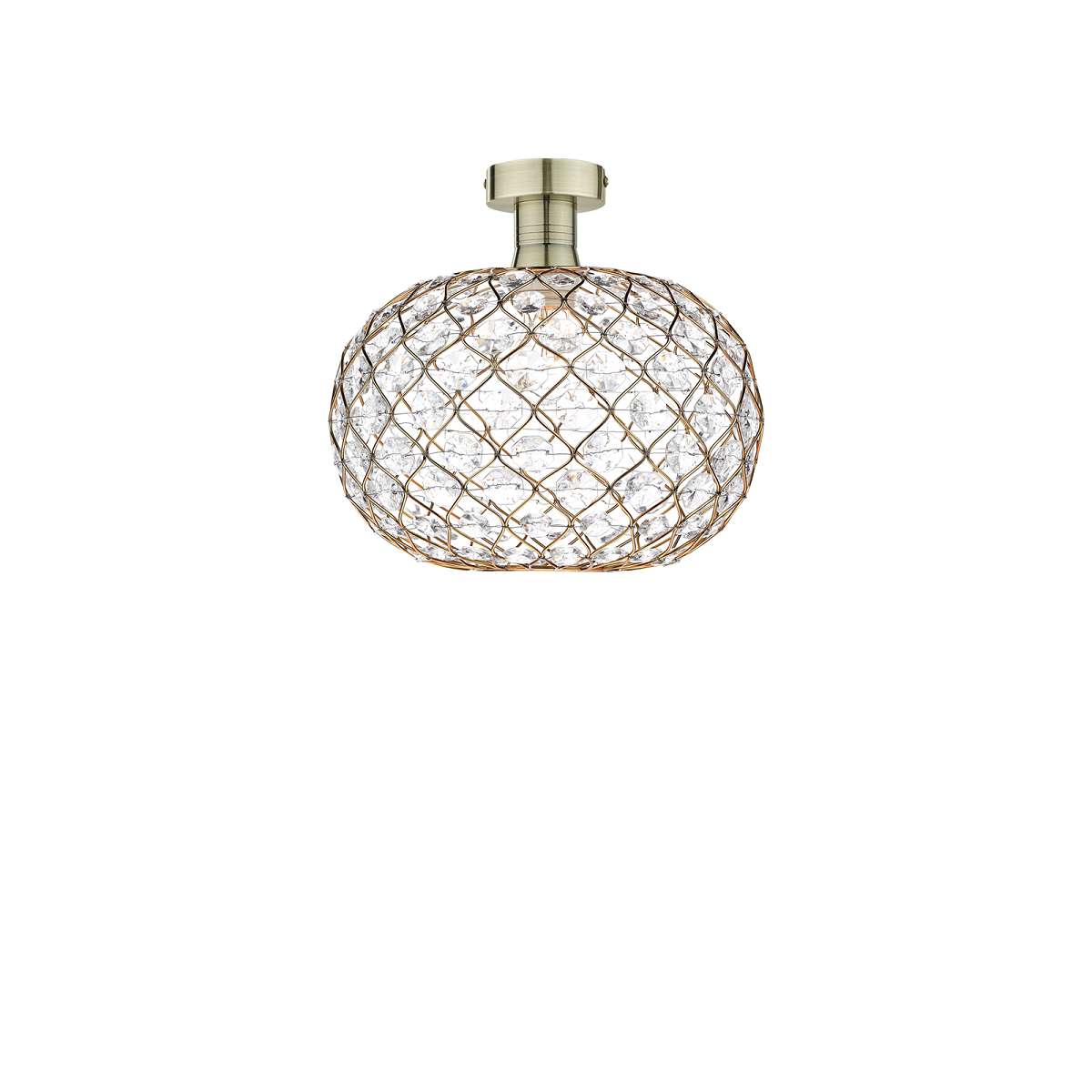 Edie 1 Light E27 Antique Brass Semi Flush C/W Gold Finish Frame Shade With Faceted Acrylic Heptagonal Beads