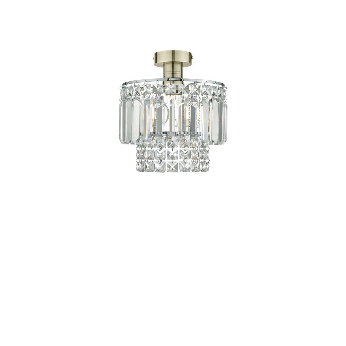 Edie 1 Light E27 Antique Brass Semi Flush C/W Polished Antique Brass Shade With Crystal Glass Droppers