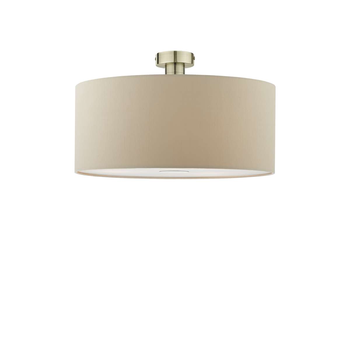 Edie 1 Light E27 Antique Brass Semi Flush C/W Taupe Faux Silk 40cm Drum Shade With Soft White Acrylic Diffuser