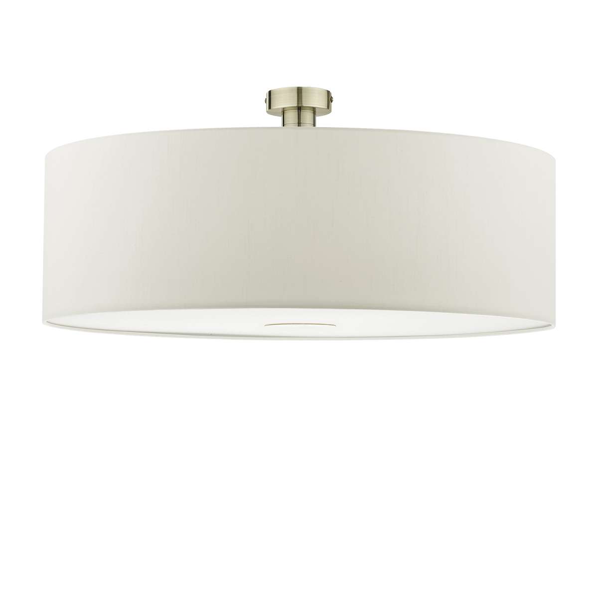 Edie 1 Light E27 Antique Brass Semi Flush C/W White Smooth Faux Silk 60cm Drum Shade With Soft White Acrylic Diffuser