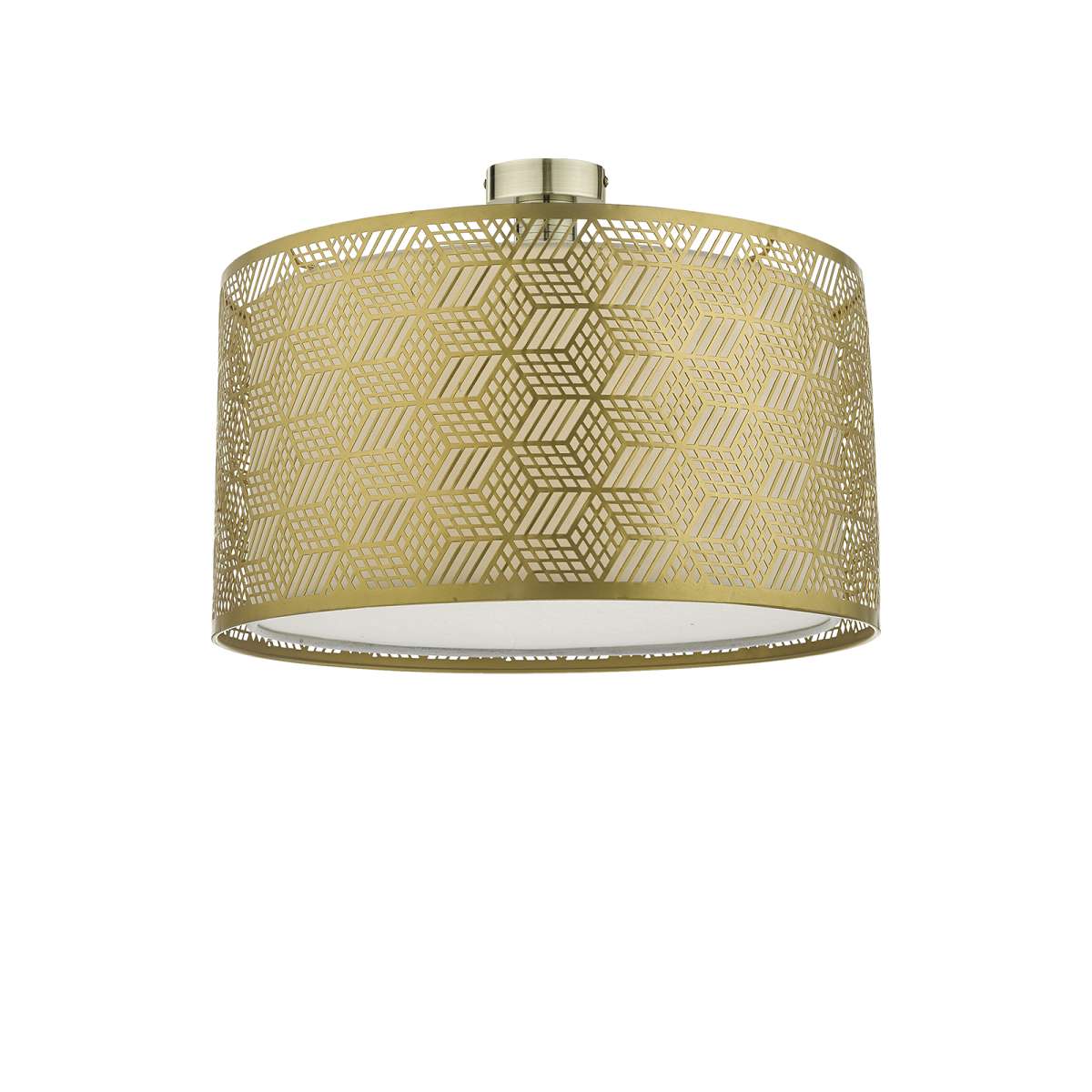 Edie 1 Light E27 Antique Brass Semi Flush C/W Gold Finish Metal Drum Shade With Intricate Geometric Piercings