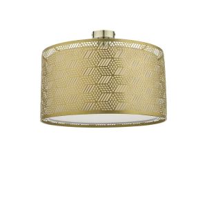 Edie 1 Light E27 Antique Brass Semi Flush C/W Gold Finish Metal Drum Shade With Intricate Geometric Piercings