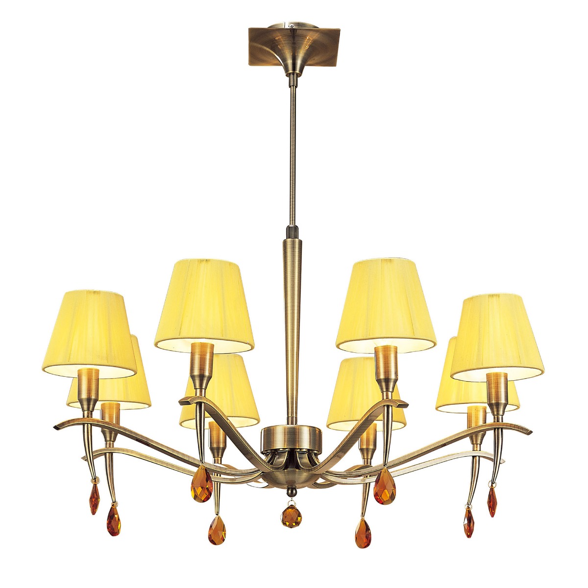 Siena 75cm Pendant Round 8 Light E14, Antique Brass With Amber Cream Shades And Amber Crystal