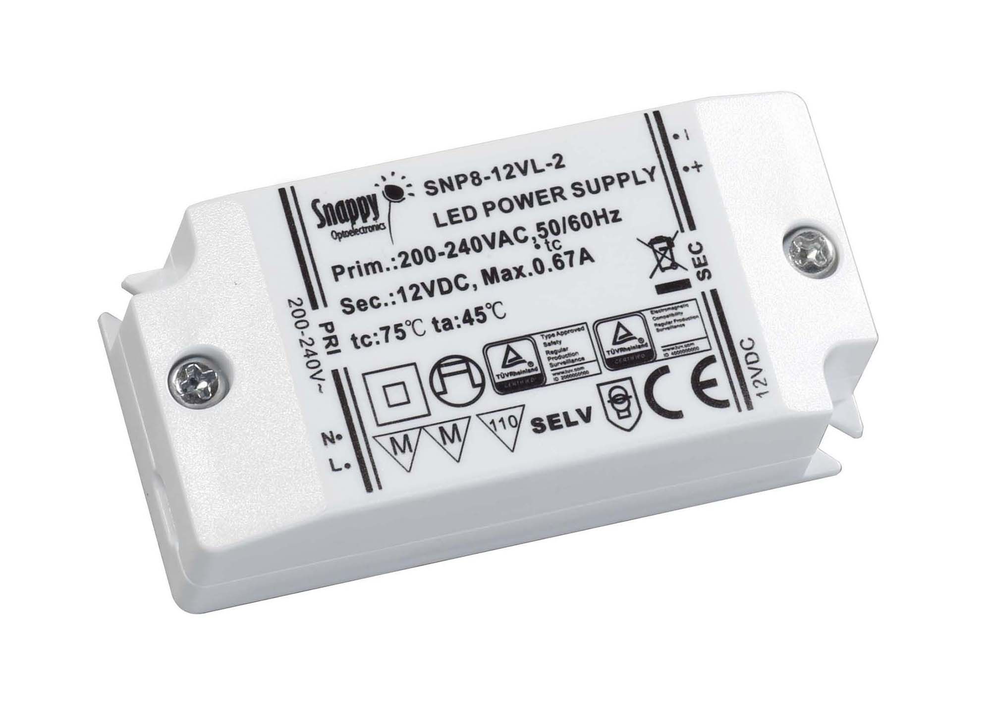 SNP, 8W, Constant Voltage Non-Dimmable PC LED Driver, 12VDC,  IP20, Screw Connection, 5 yrs Warranty