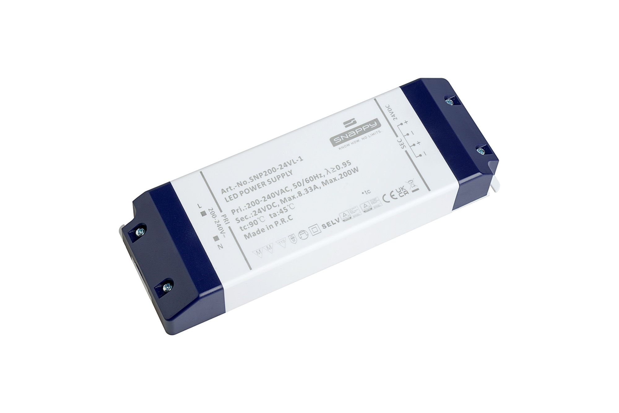 SNP, 200W, Constant Voltage Non Dimmable PC LED Driver,24VDC, IP20,  Screw Connection, 5yrs Warranty.