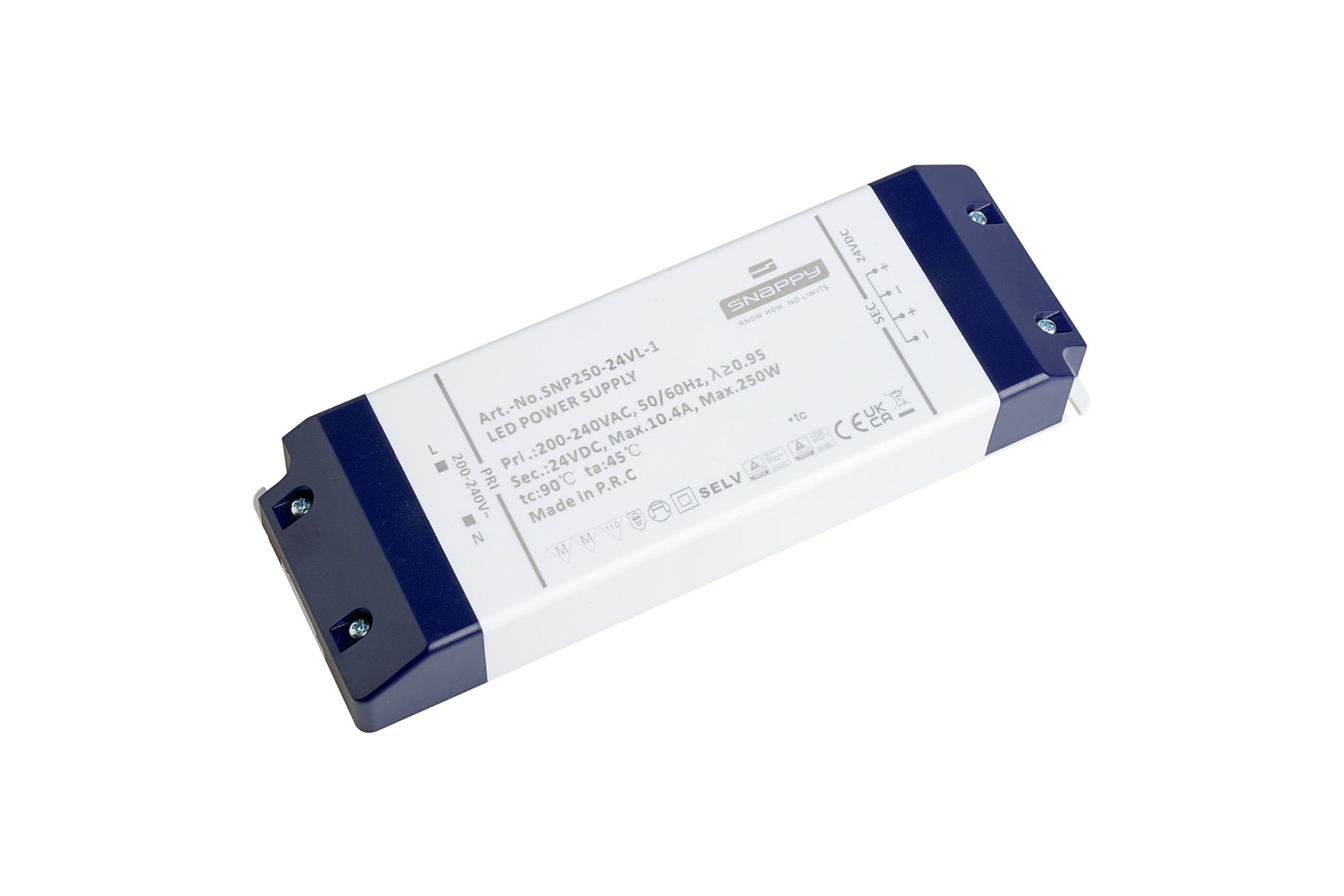 SNP, 250W, Constant Voltage Non Dimmable PC LED Driver,24VDC, IP20,  Screw Connection, 5yrs Warranty.