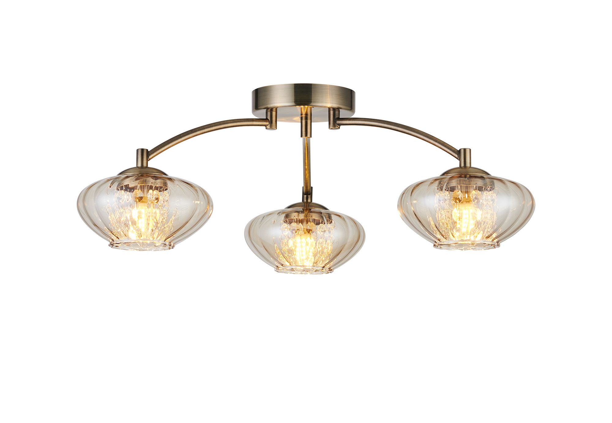 Solara 55.5cm Flush Ceiling Light, 3 Light G9, Antique Brass/Cognac Glass/Clear Crystal