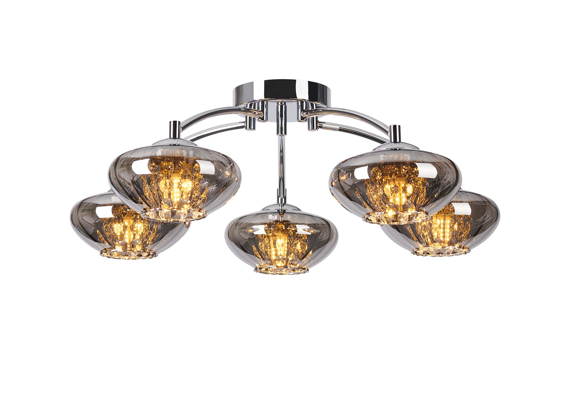 Solara 55.5cm Flush Ceiling Light, 5 Light G9, Polished Chrome/Smoked Glass/Clear Crystal