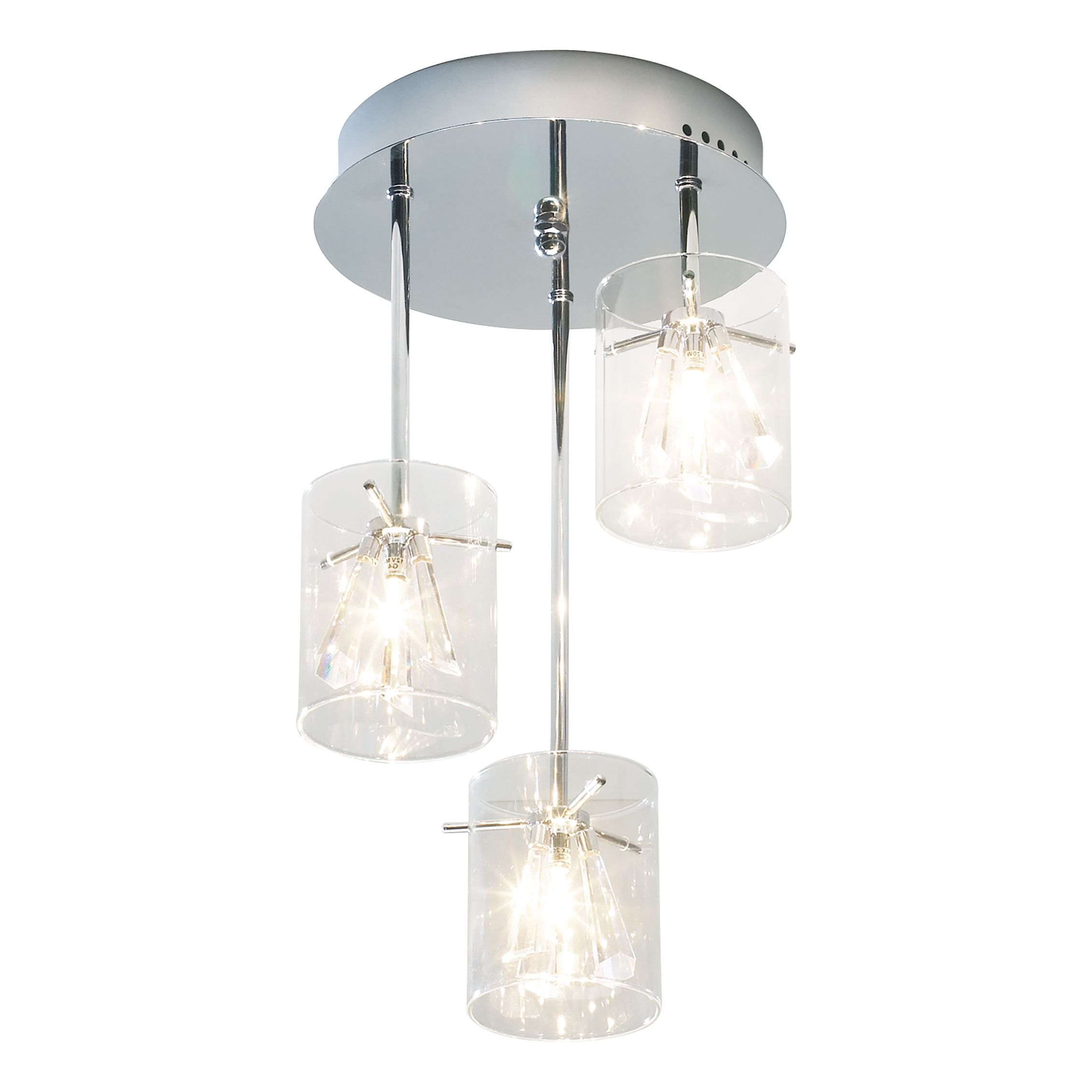 Pimiento 3 Light G4 Polished Chrome Semi Flush Fitting With Surrounding Faifo Drops Set In A Flower Shape Incased In A Glass Shade
