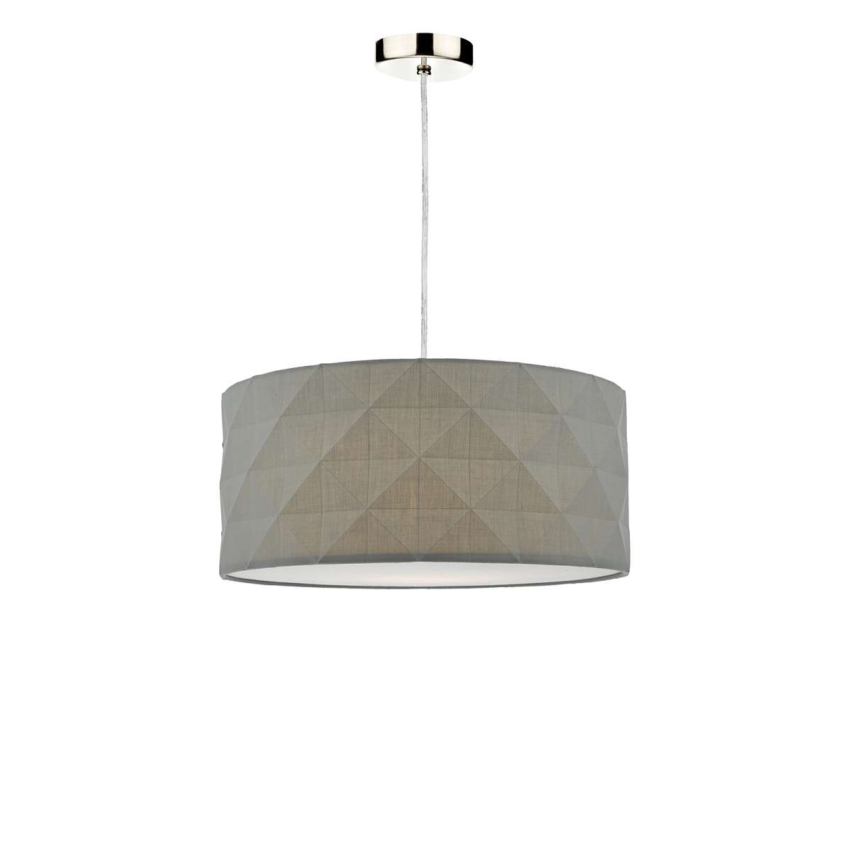 Alto 1 Light E27 Satin Chrome Adjustable Pendant C/W Grey Cotton Drum Shade With Diamond Pattern Design & Complete With A Removable Diffuser