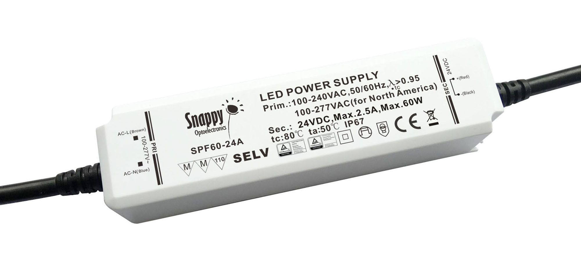 SPF, 60W, CV & CC Non-Dimmable PC LED Driver, 24VDC,  IP65, 30cm Prewired Cable, 5 yrs Warranty
