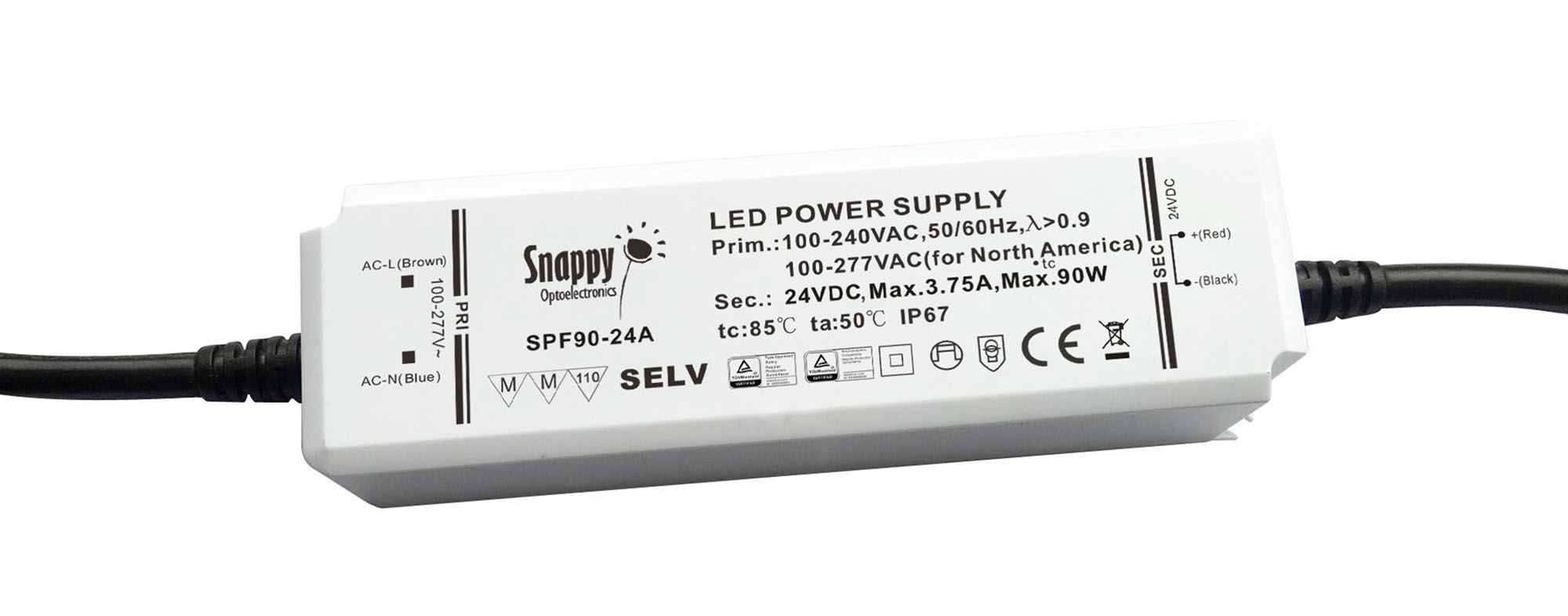 SPF, 90W, Constant Voltage Non-Dimmable PC LED Driver, 24VDC,  IP65, 30cm Prewired Cable, 5 yrs Warranty