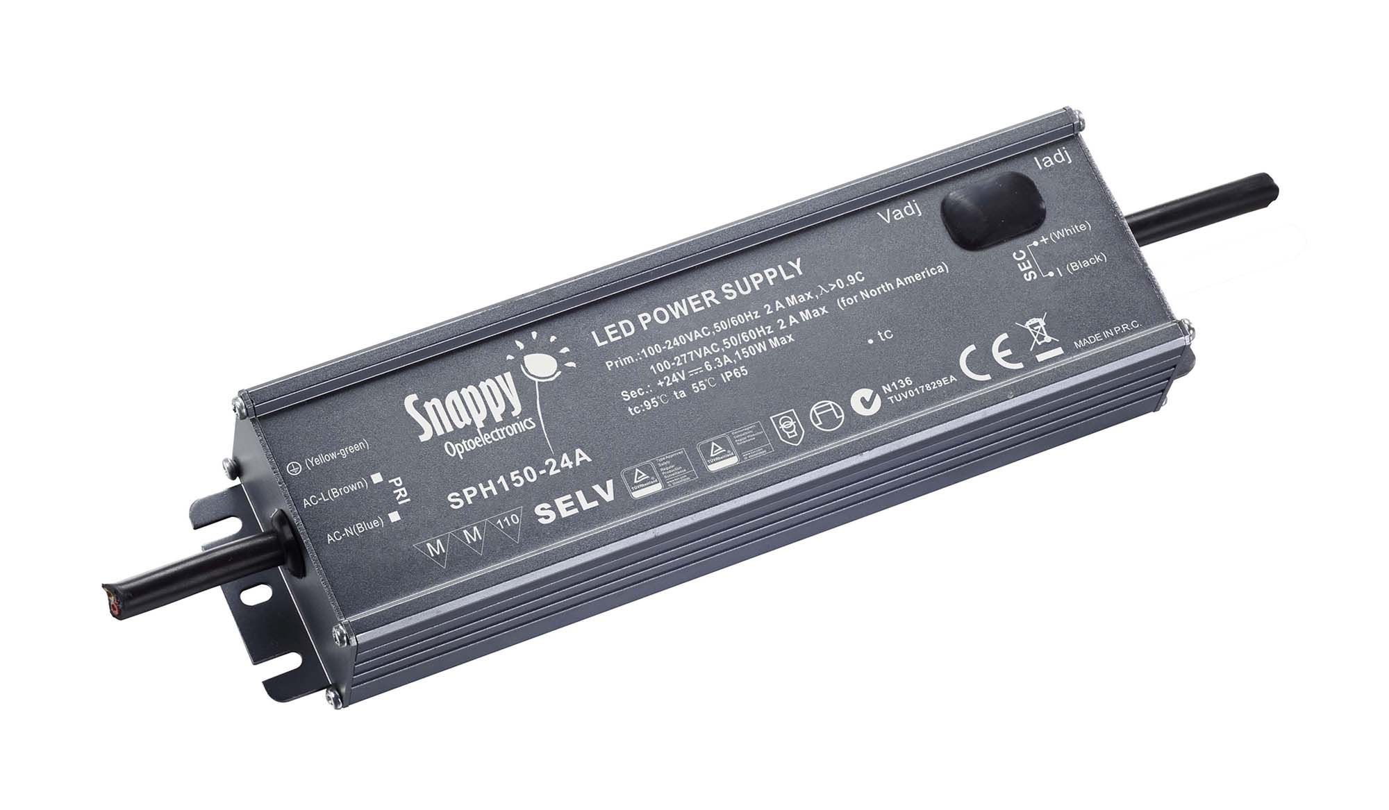 SPH, 150W, CV & CC Non-Dimmable Metal LED Driver, 24VDC,  IP65, 30cm Prewired Cable, 5 yrs Warranty