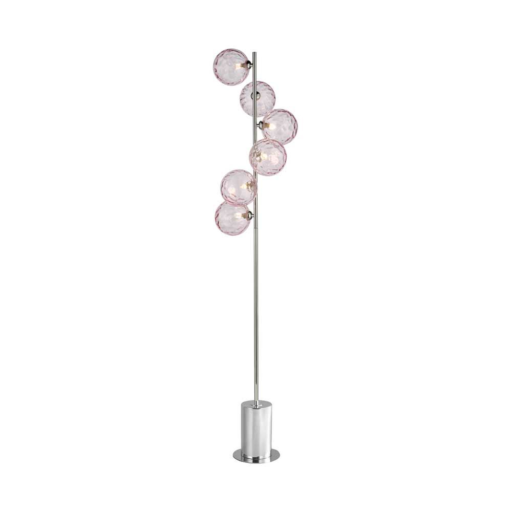 Chilacayote 6 Light G9 Polished Chrome Floor Lamp With Inline Foot Switch C/W Pink Dimpled Glass Shades