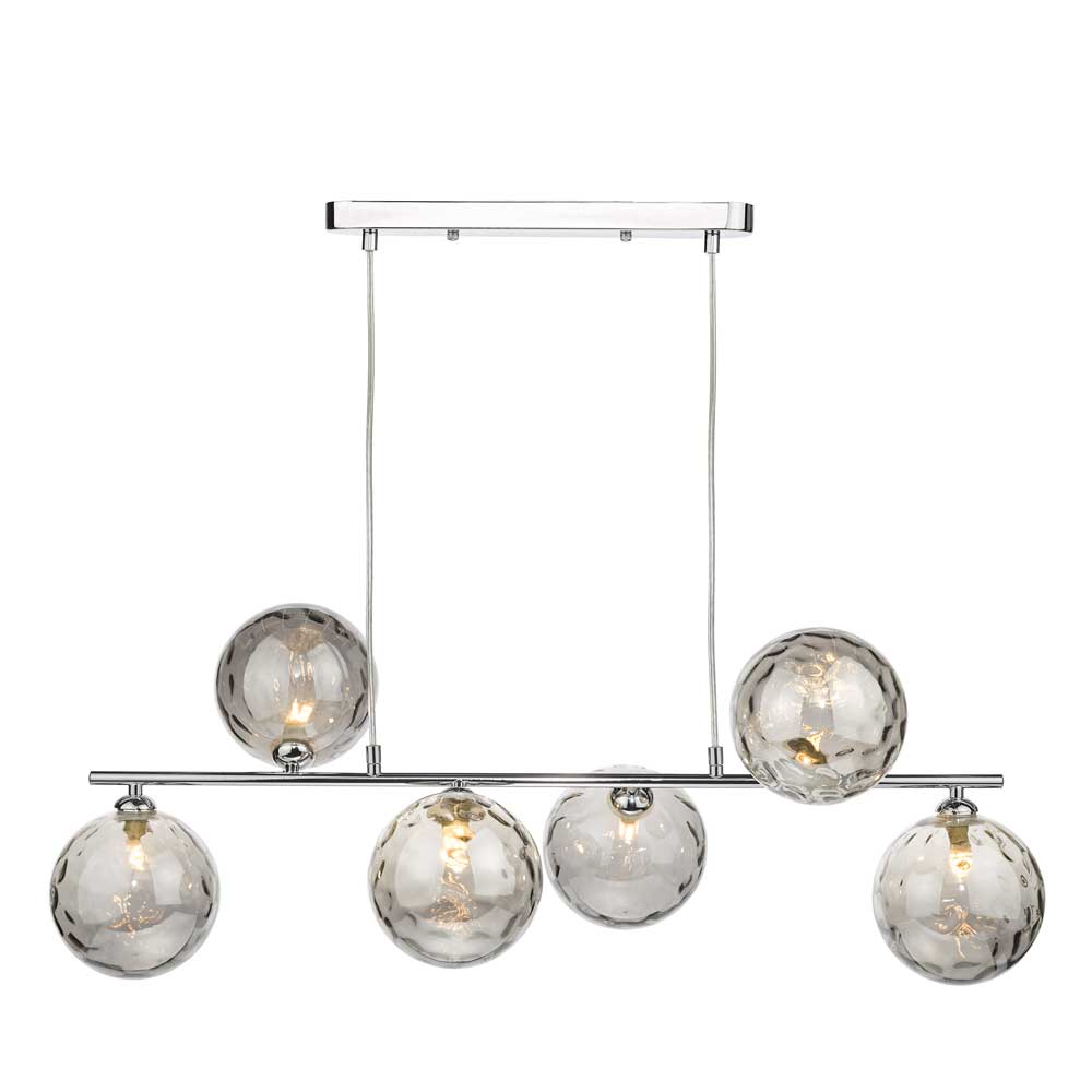 Chilacayote 6 Light G9 Polished Chrome Adjustable Linear Bar Pendant C/W Smoked Dimpled Glass Shades