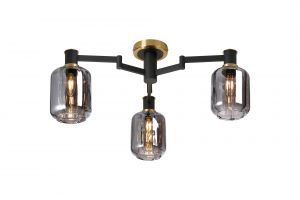 Spire 60cm Swing Arm Flush Ceiling, 3 Light E14, Brass/Satin Black/Smoke Striped Cylinder Glass