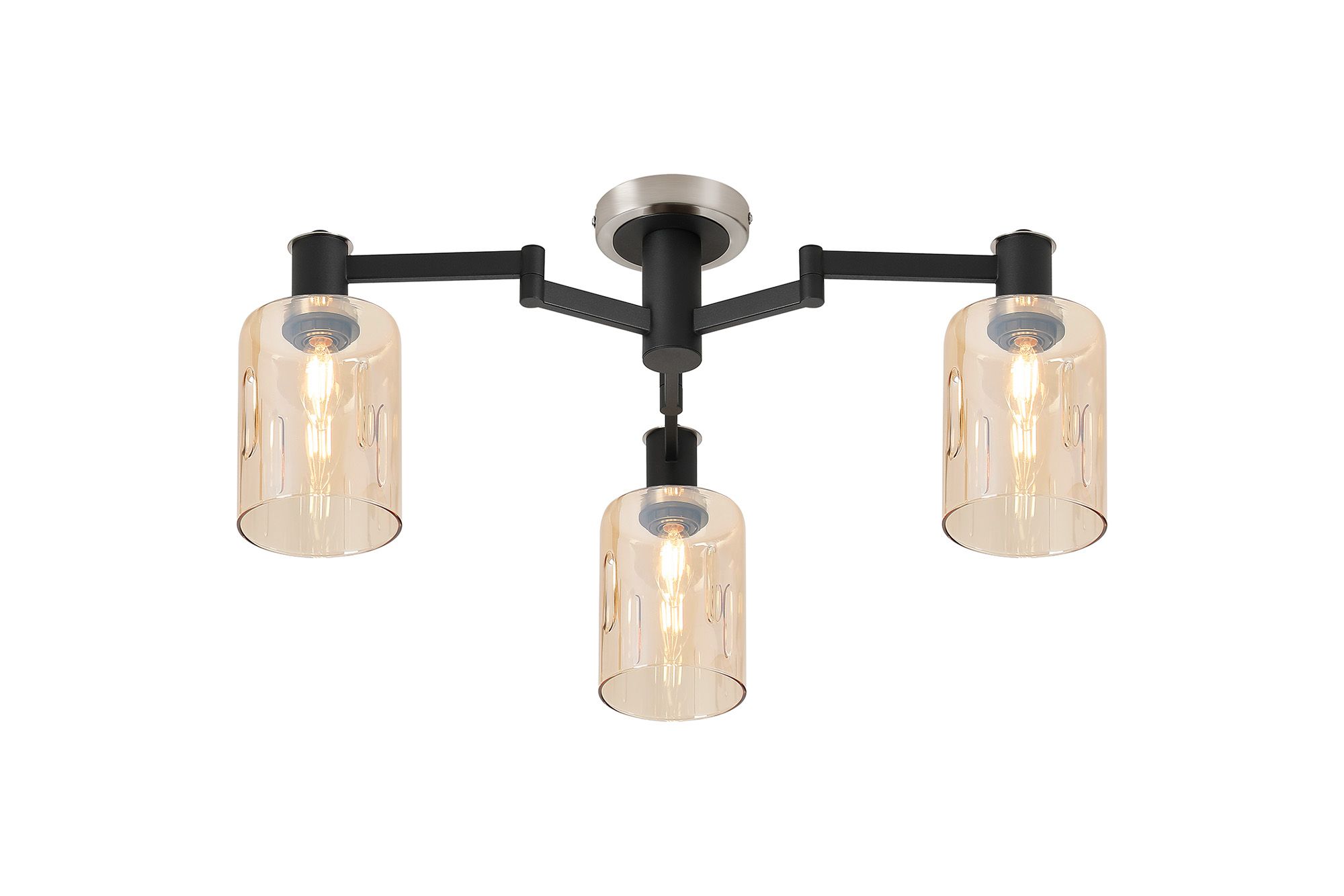 Spire 59cm Swing Arm Flush Ceiling, 3 Light E14, Satin Nickel/Satin Black/Amber Uniform Dimple Cylinder Glass