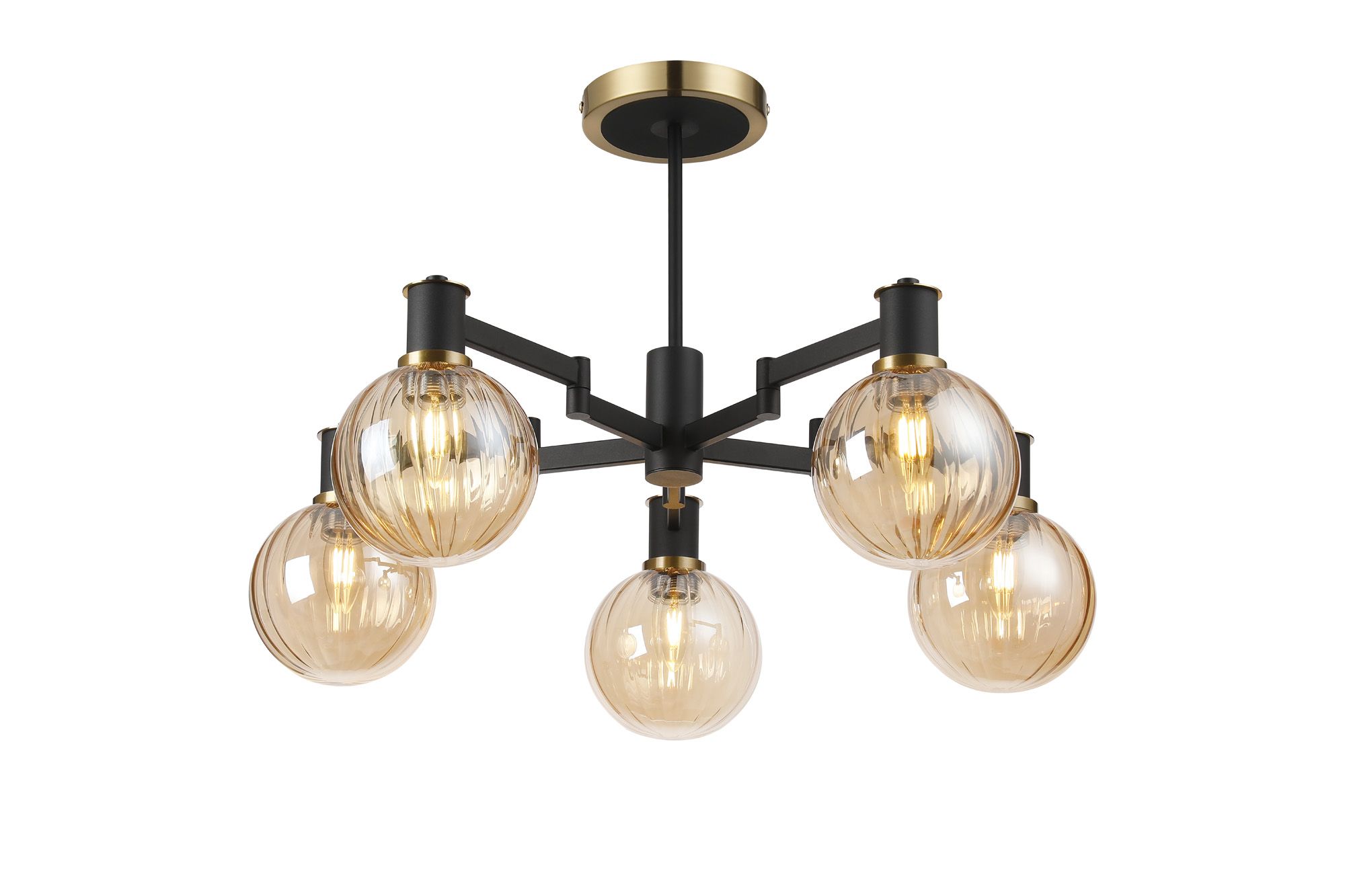 Spire 71cm Swing Arm Semi Ceiling, 5 Light E14, Brass/Satin Black/Amber Plated Round Segment Glass