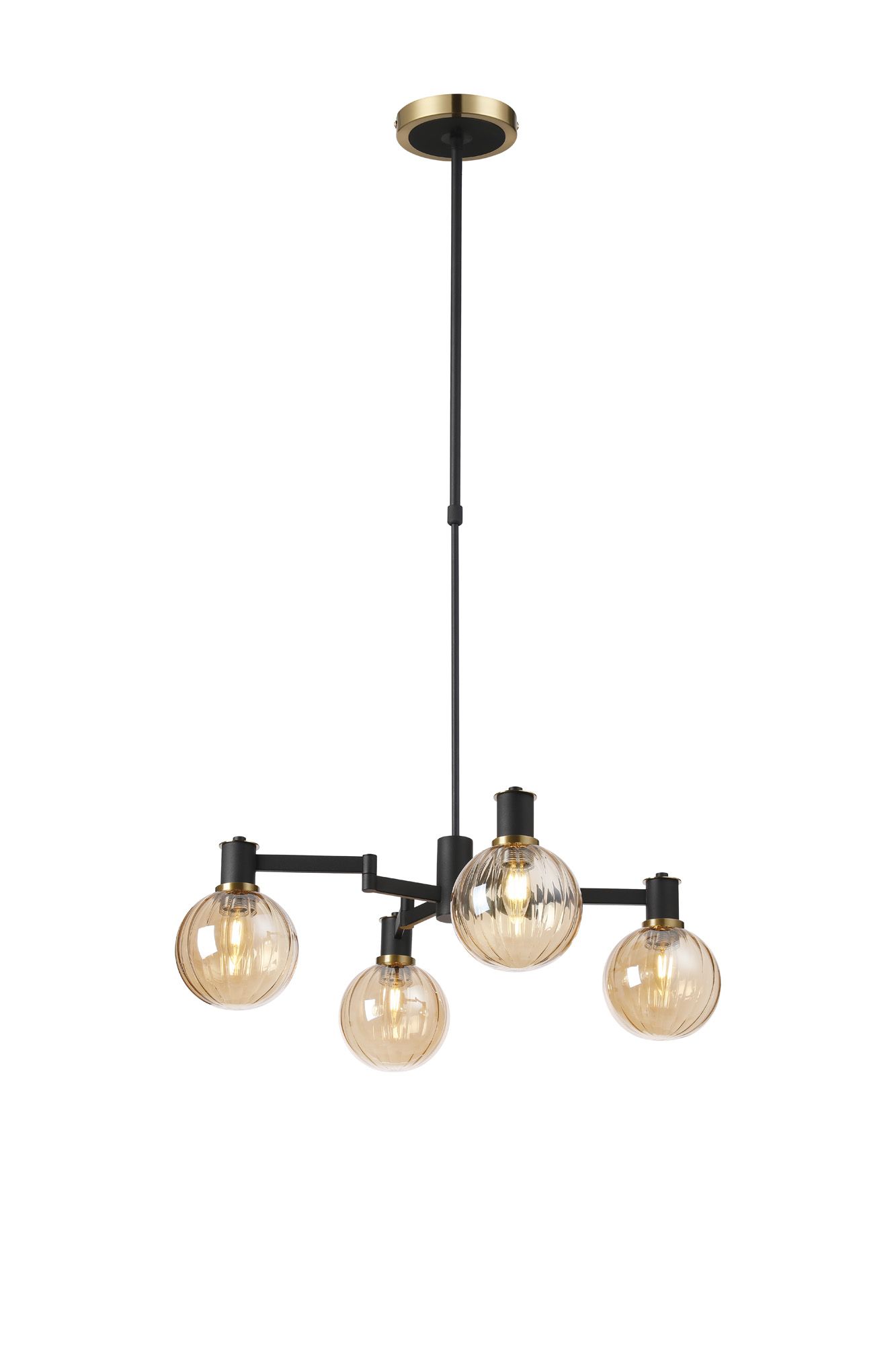 Spire Swing Arm Telescopic Pendant, 4 Light E14, Brass/Satin Black/Amber Plated Round Segment Glass
