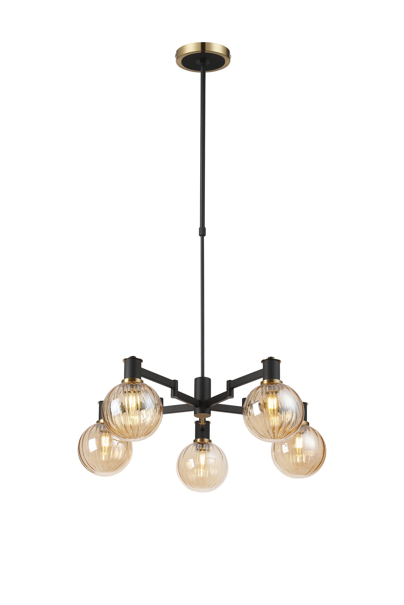 Spire Swing Arm Telescopic Pendant, 5 Light E14, Brass/Satin Black/Amber Plated Round Segment Glass