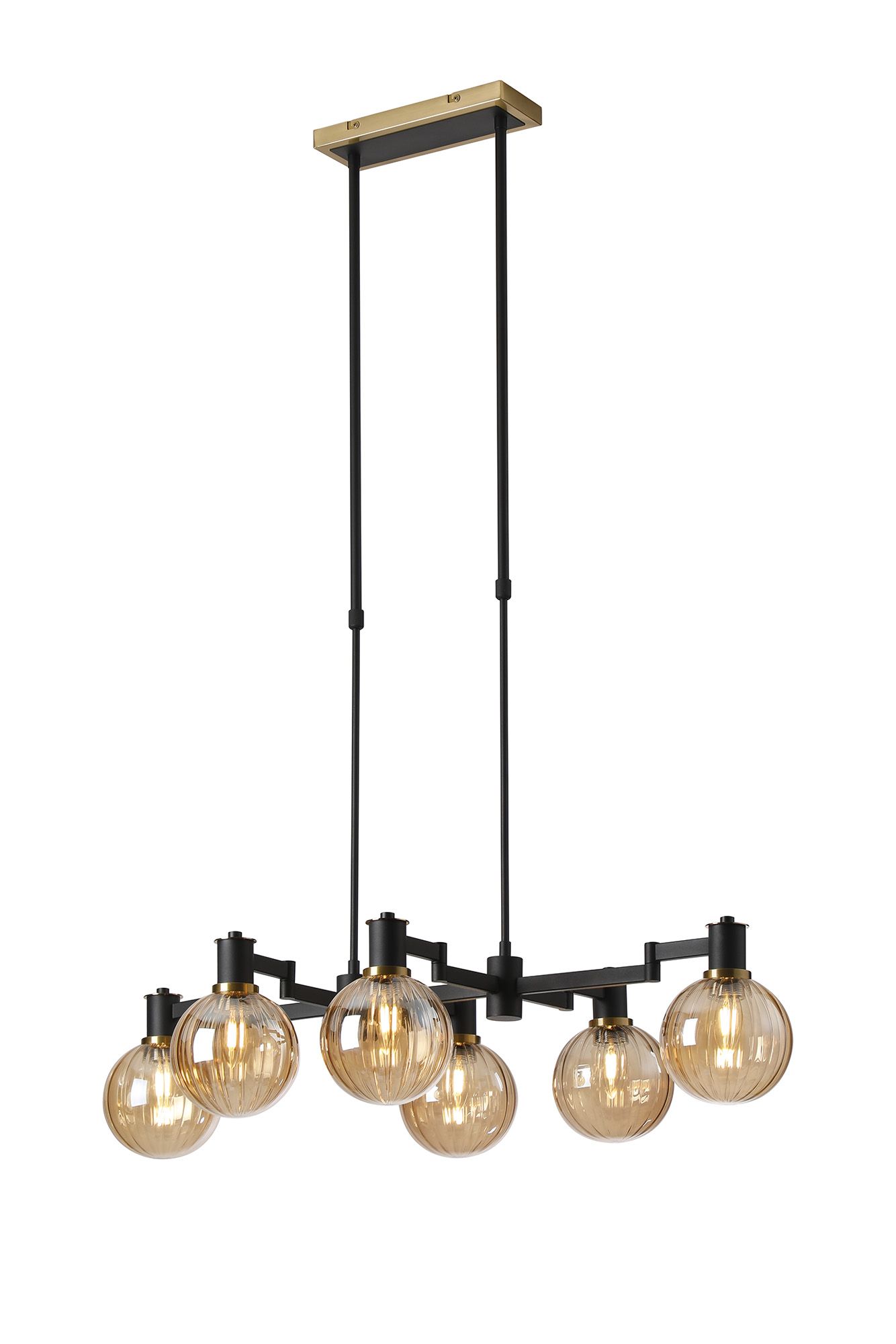 Spire Swing Arm Telescopic Linear Pendant, 6 Light E14, Brass/Satin Black/Amber Plated Round Segment Glass