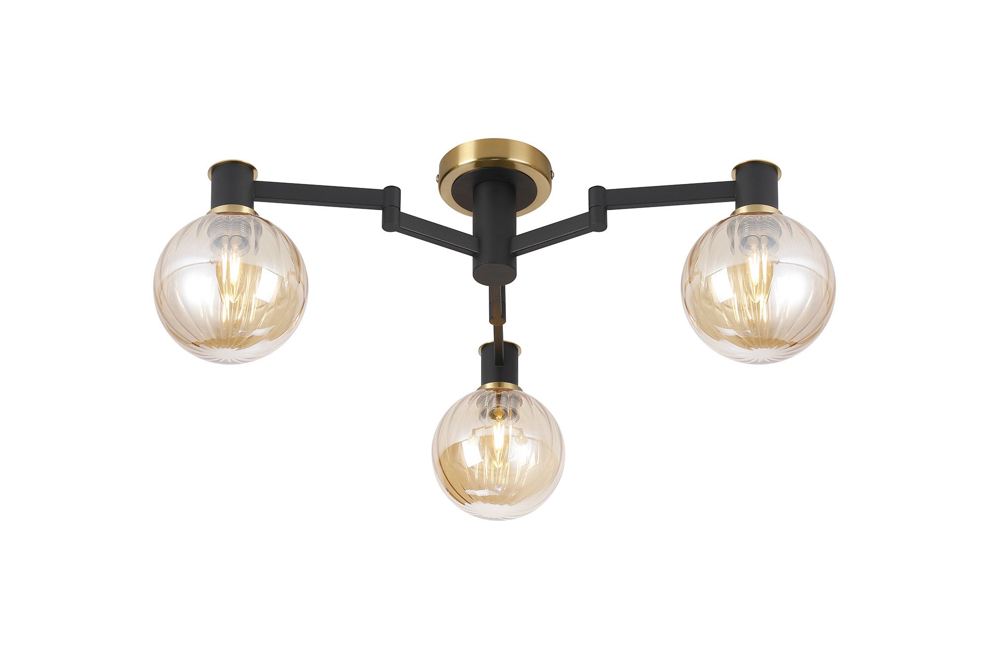 Spire 62cm Swing Arm Flush Ceiling, 3 Light E14, Brass/Satin Black/Amber Plated Round Segment Glass