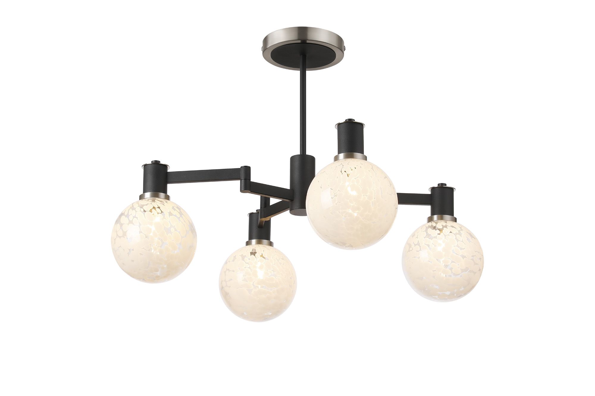 Spire 55cm Swing Arm Semi Ceiling, 4 Light E14, Satin Nickel/Satin Black/White Round Speckled Glass