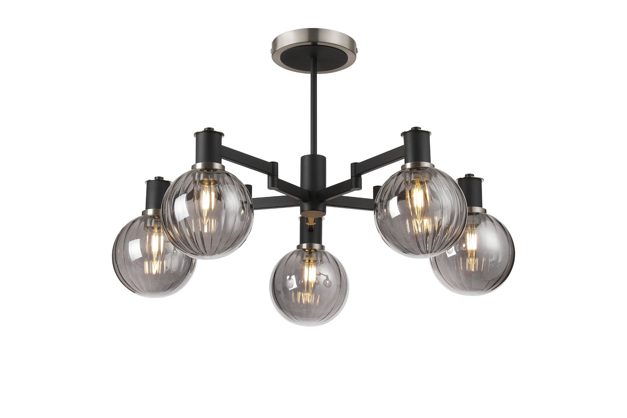 Spire 71cm Swing Arm Semi Ceiling, 5 Light E14, Satin Nickel/Satin Black/Smoke Plated Round Segment Glass
