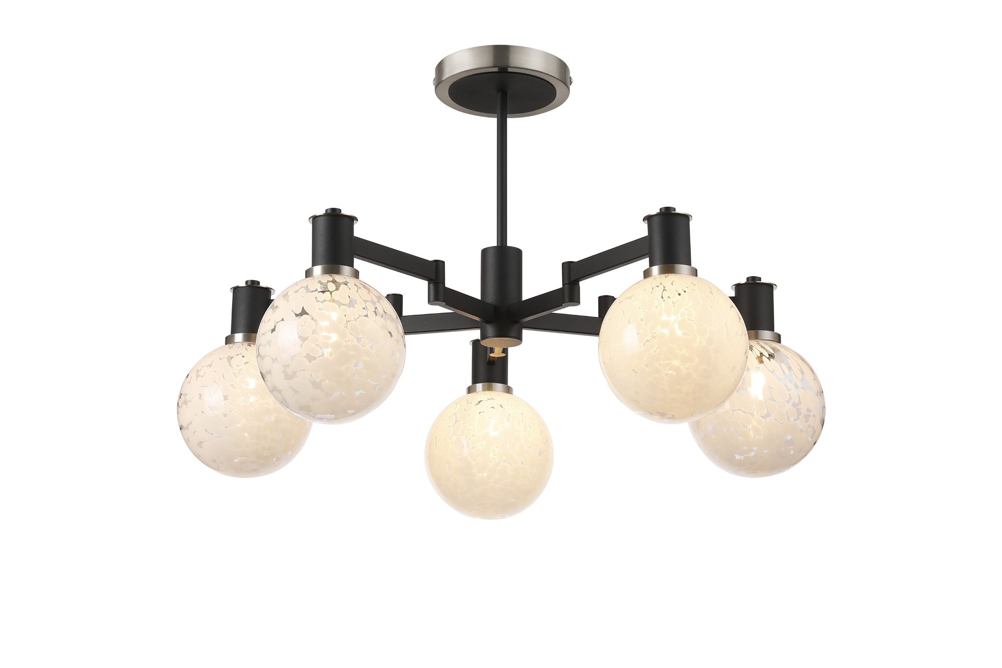 Spire 71cm Swing Arm Semi Ceiling, 5 Light E14, Satin Nickel/Satin Black/White Round Speckled Glass
