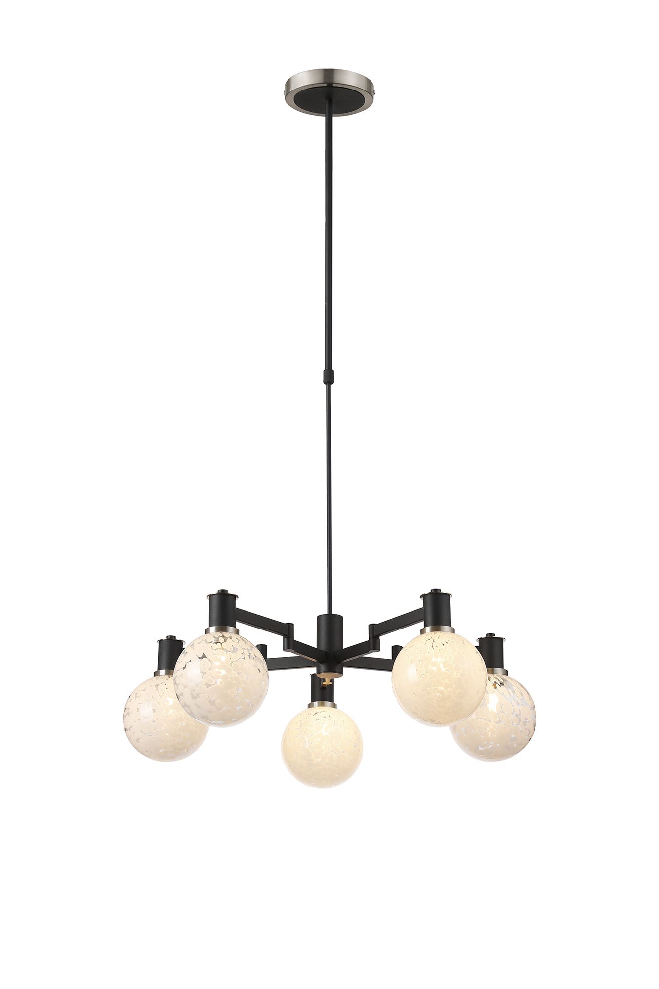 Spire Swing Arm Telescopic Pendant, 5 Light E14, Satin Nickel/Satin Black/White Round Speckled Glass