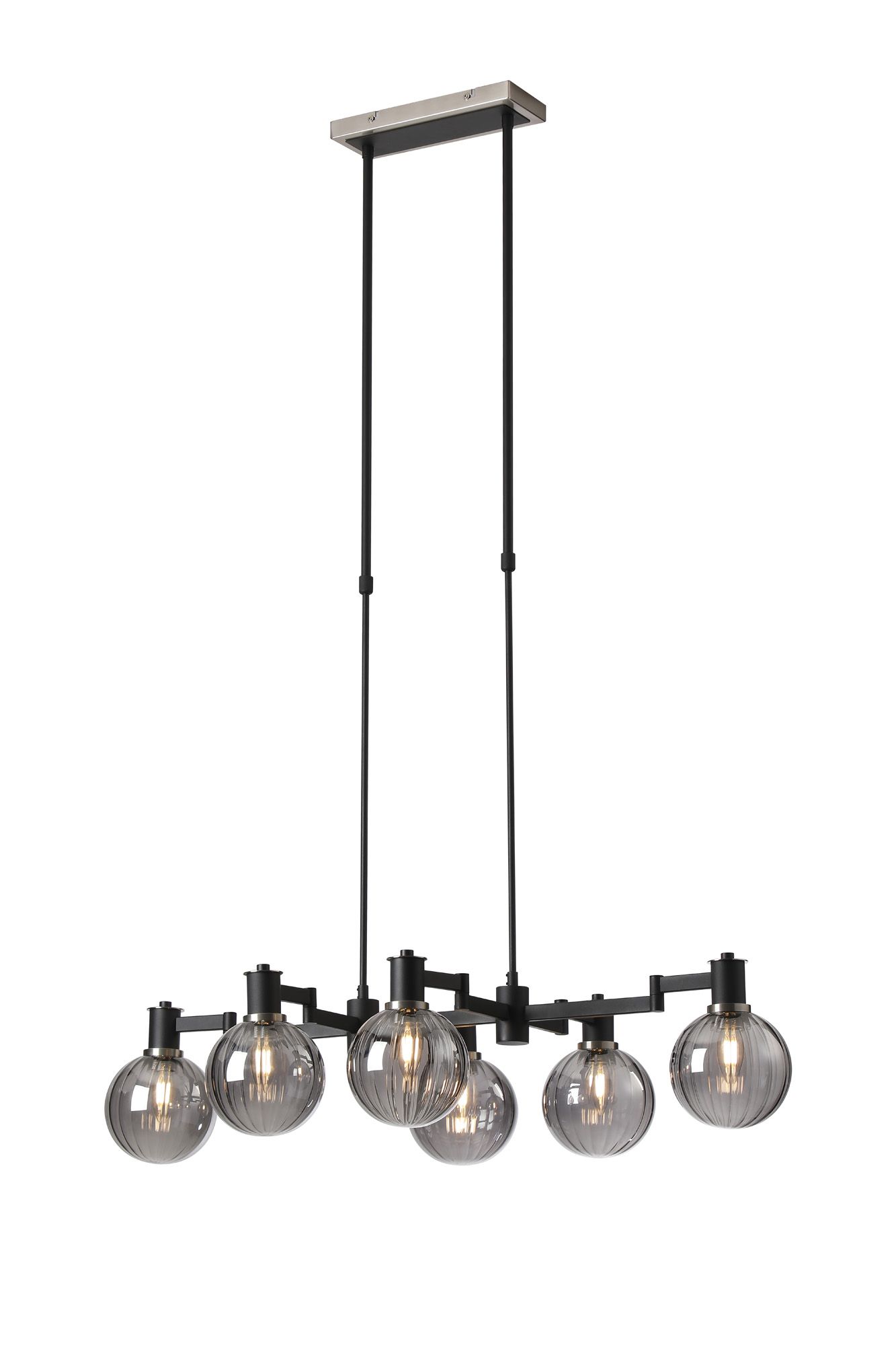 Spire Swing Arm Telescopic Linear Pendant, 6 Light E14, Satin Nickel/Satin Black/Smoke Plated Round Segment Glass