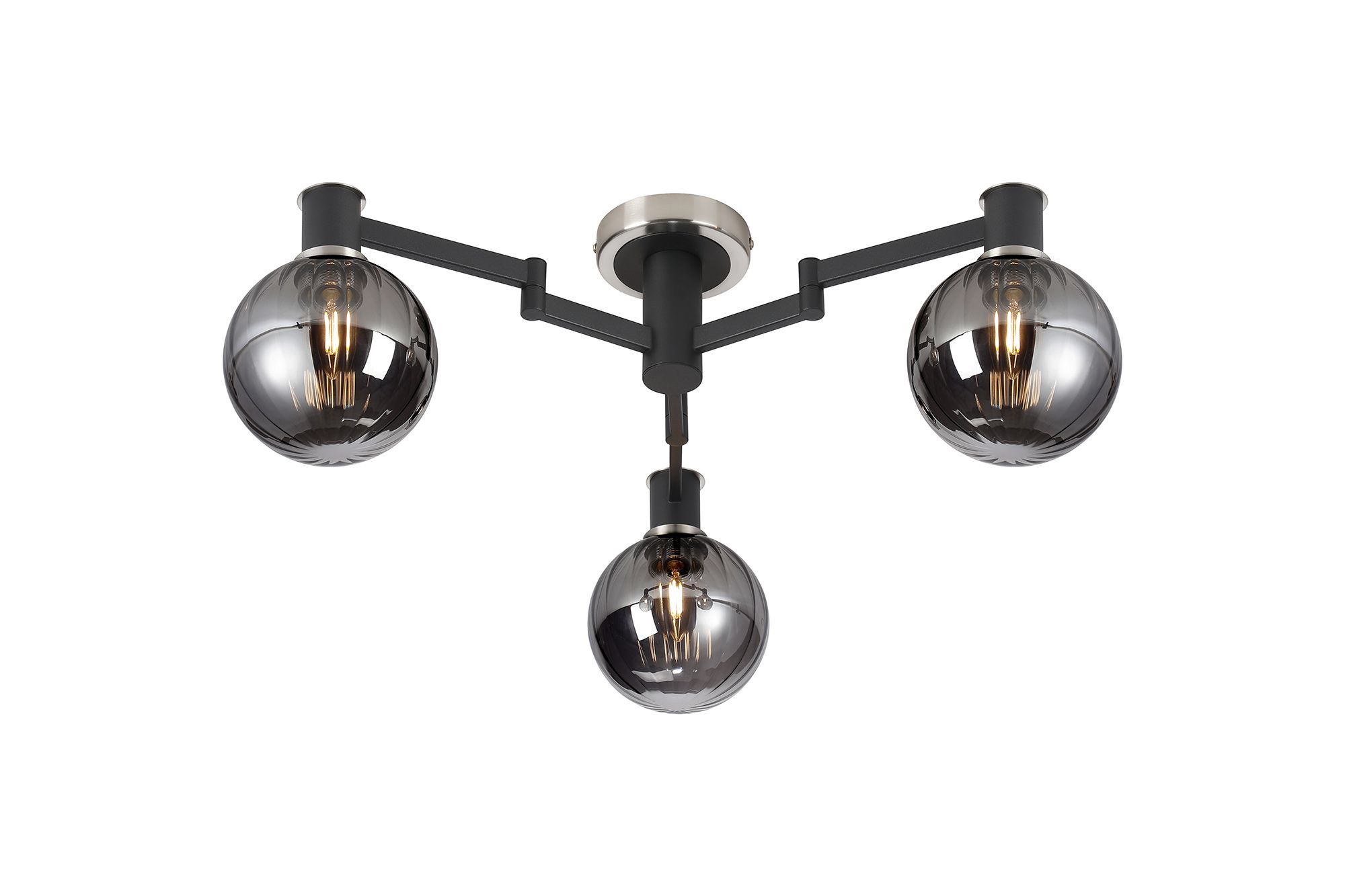 Spire 62cm Swing Arm Flush Ceiling, 3 Light E14, Satin Nickel/Satin Black/Smoke Plated Round Segment Glass