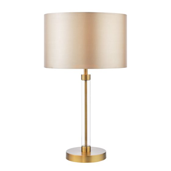 Vester 1 Light E27 Antique Brass & Glass Table Lamp With Inline Switch C/W Taupe Cotton 30cm Armario Shade
