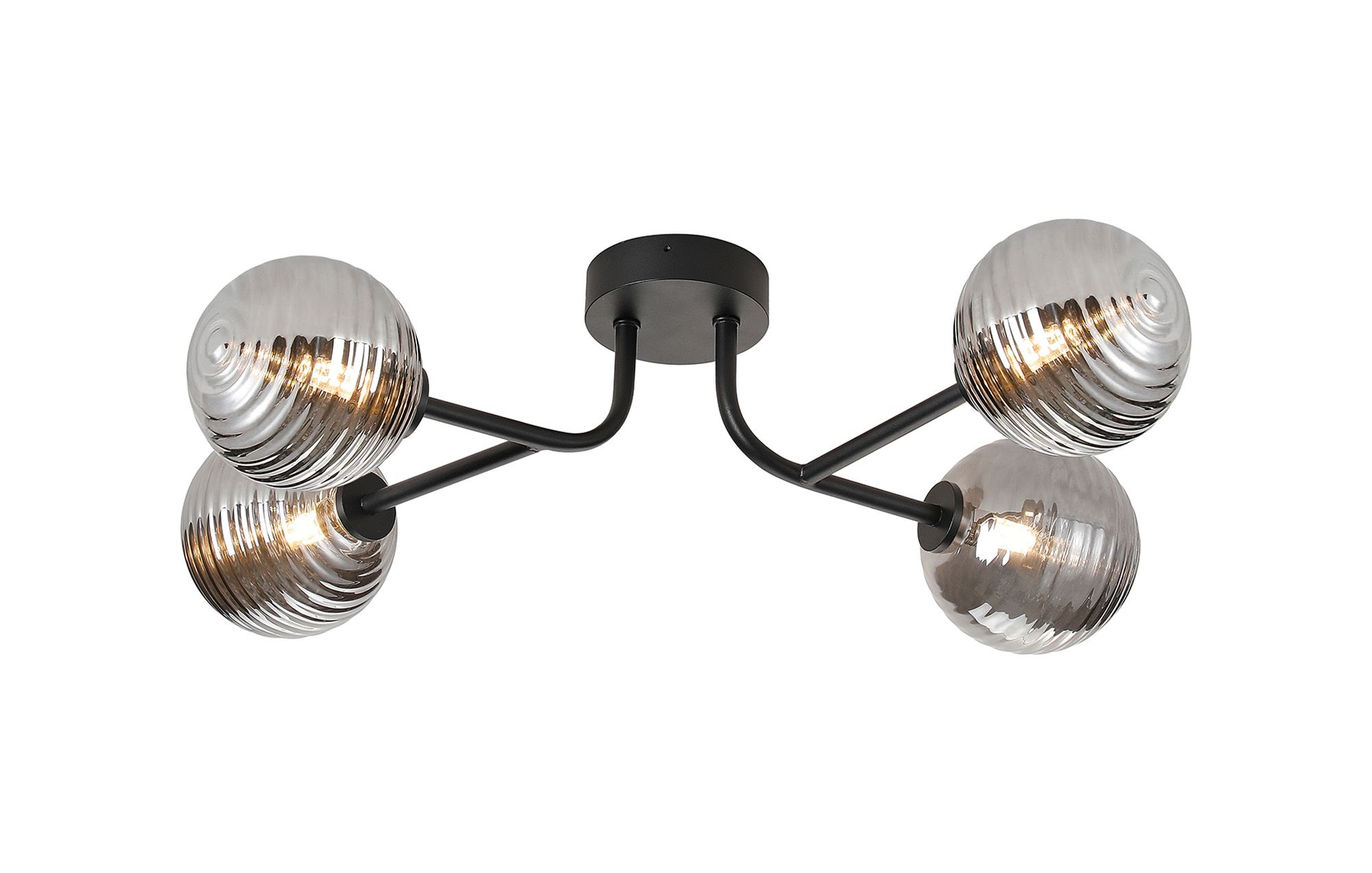 Vella Linear Semi Flush Ceiling, 4 Light G9, IP44, Satin Black/Smoke Ribbed Round Glass