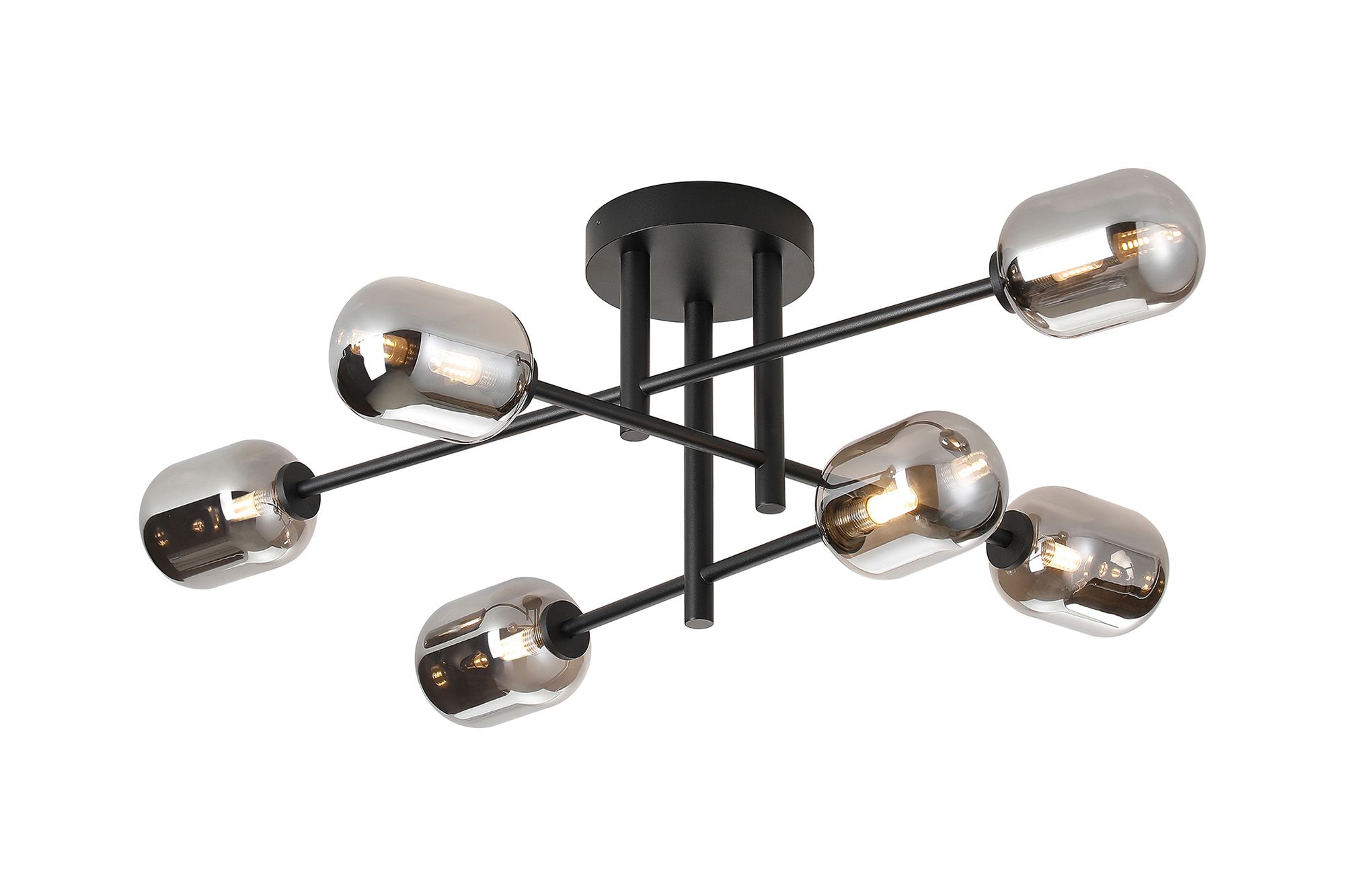 Vella Semi Flush Ceiling Tiered, 6 Light G9, IP44, Satin Black/Smoke Smooth Tubular Glass