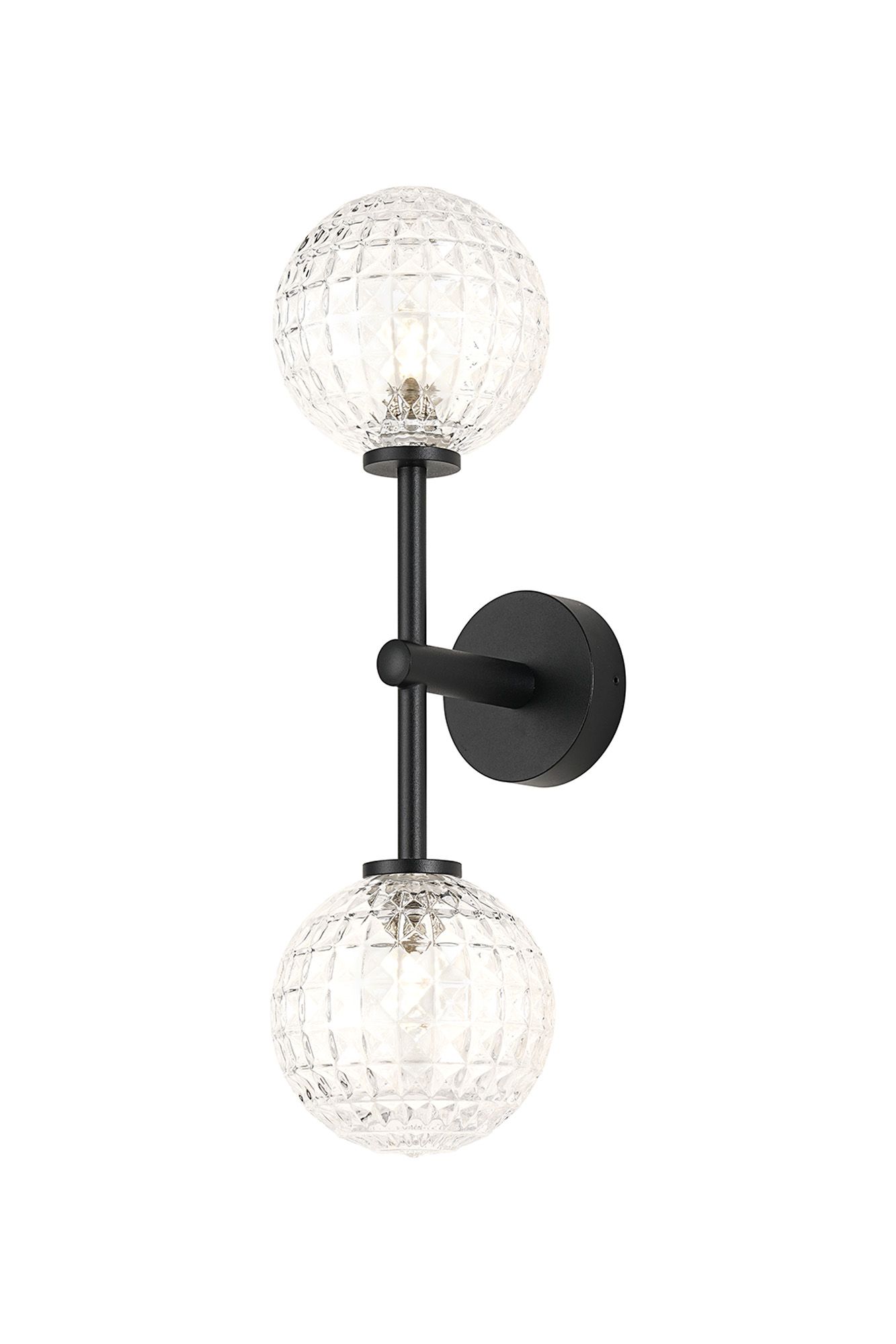 Vella Medium Arm Wall Light, 2 Light G9, IP44, Satin Black/Clear Cross Pattern Round Glass