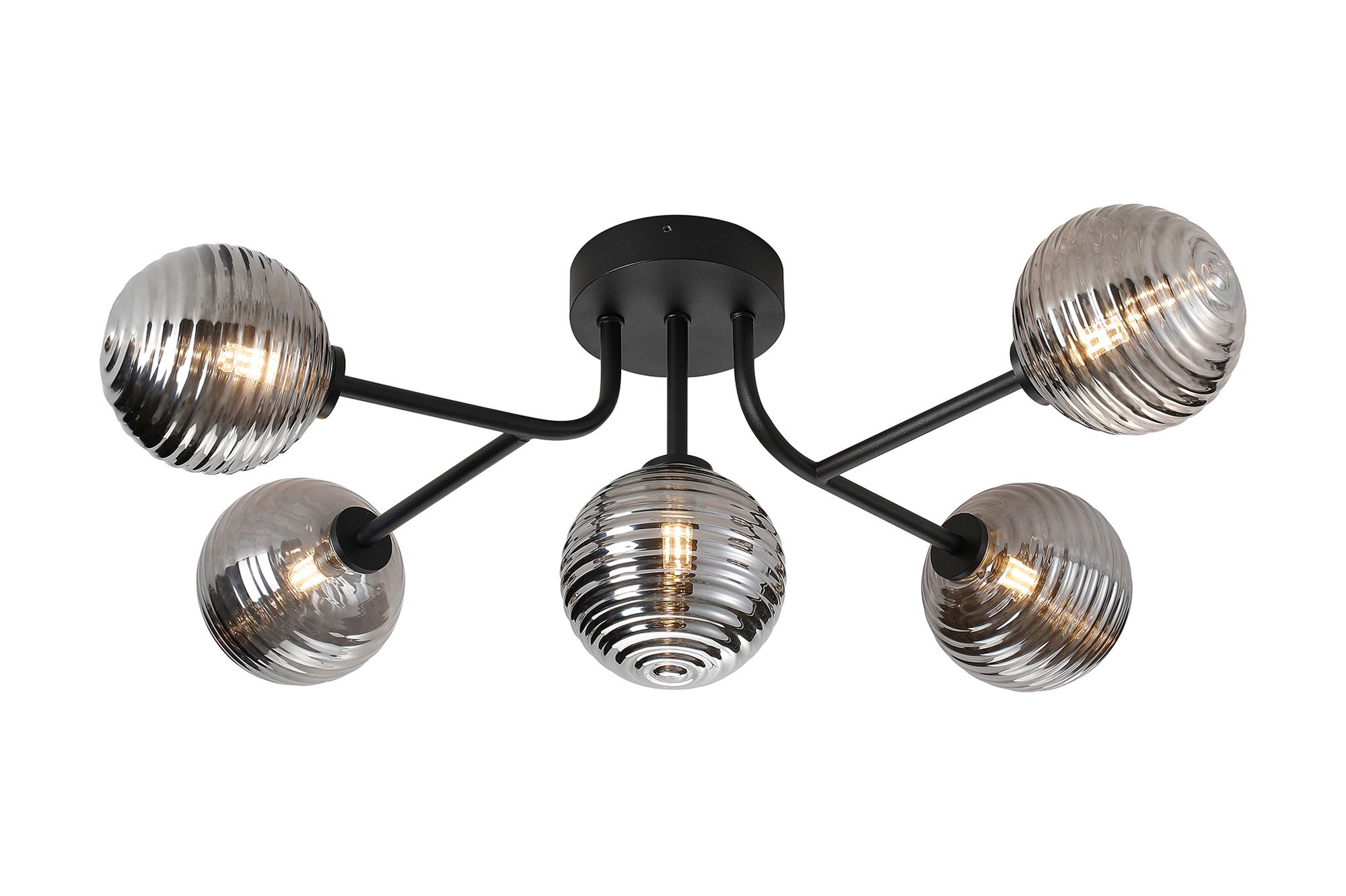 Vella Linear Semi Flush Ceiling, 5 Light G9, IP44, Satin Black/Smoke Ribbed Round Glass